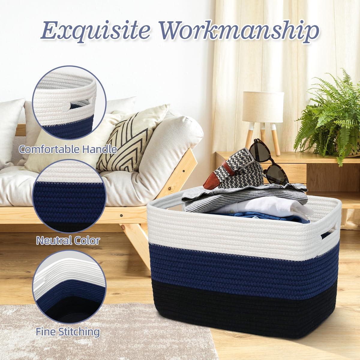 KOUROUU 3 Pack Cotton Rope Storage Basket Woven Shelf Storage Bin with Faux Leather Handles, Decorative Closet Shelf Woven Basket for Storage Organizers, 15 x 10 x 9, White/Gray