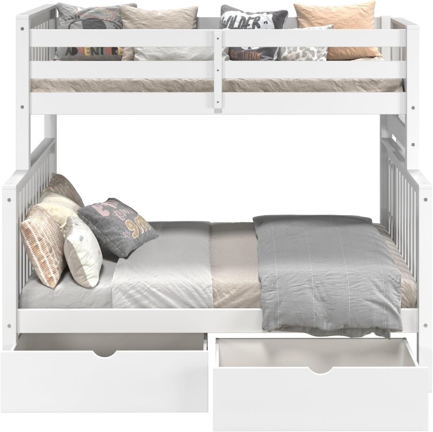 Bedz King Bunk Beds Twin over Full Mission Style with End Ladder and 2 Under Bed Drawers, White