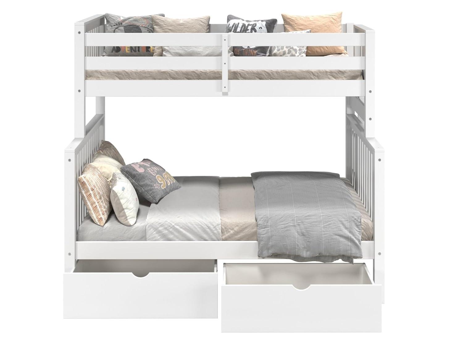Bedz King Bunk Beds Twin over Full Mission Style with End Ladder and 2 Under Bed Drawers, White
