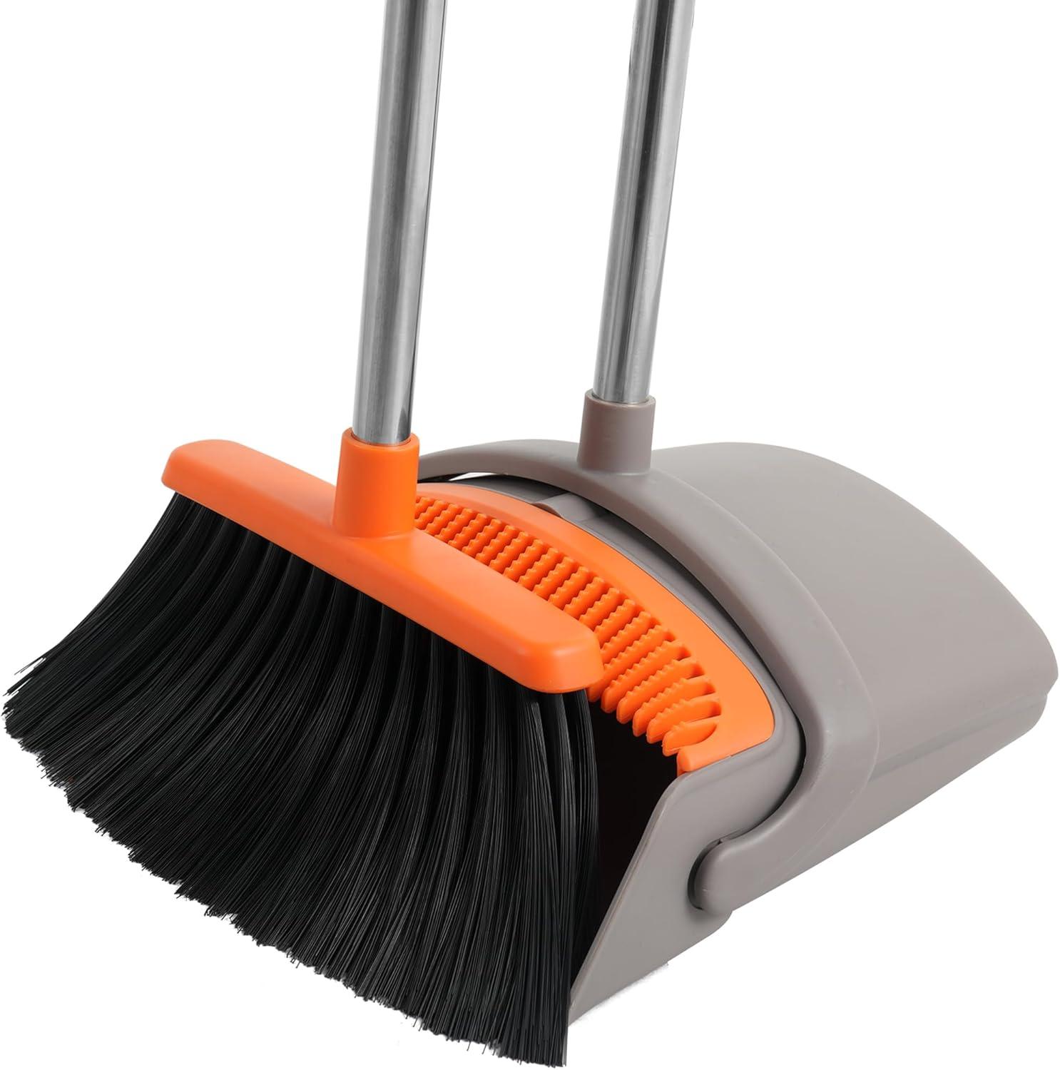 Broom and Dustpan Set for Home, Broom and Dustpan Combo for Office, Long Handle Broom with Upright Standing Dust pan,Indoor&Outdoor Sweeping (Gray&Orange)