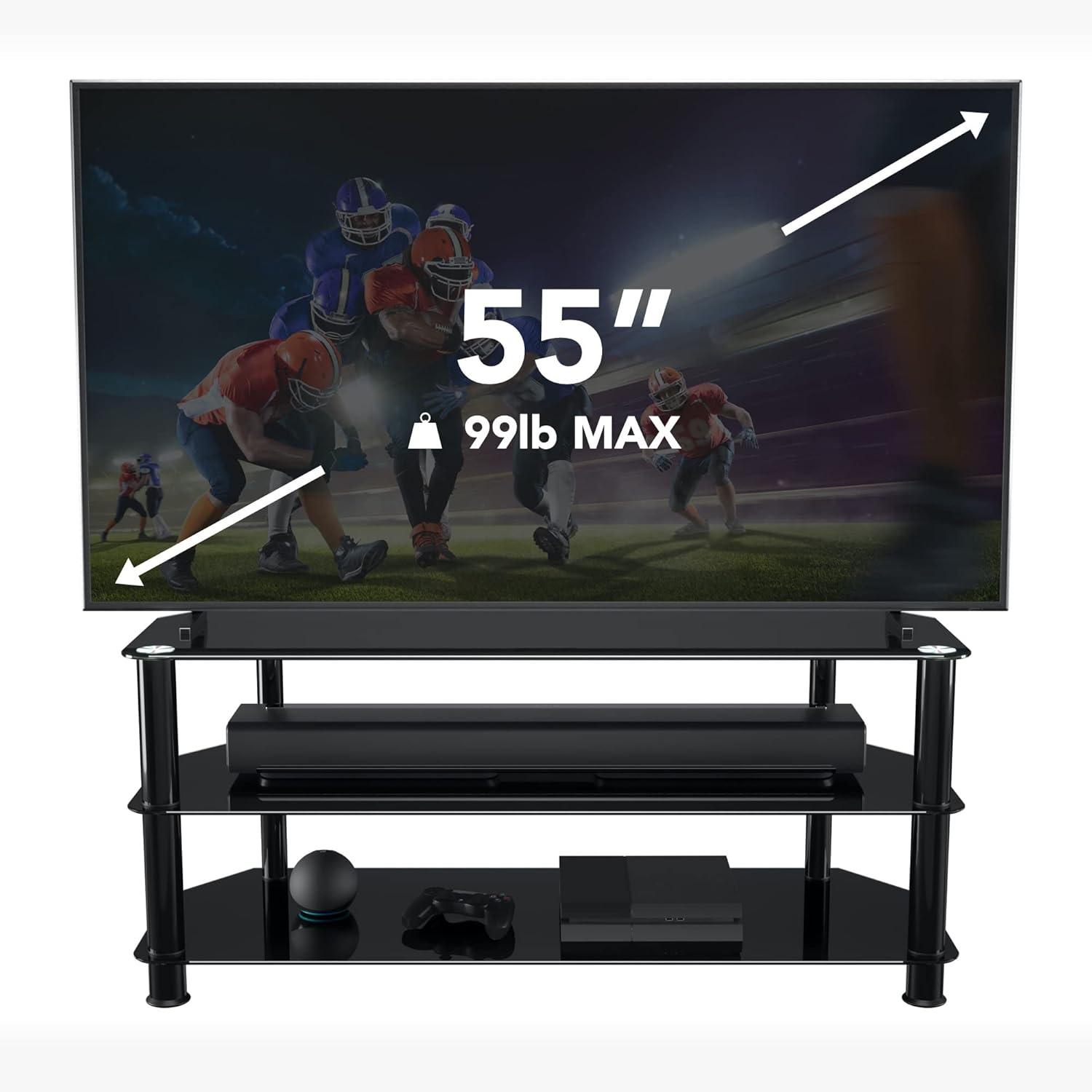 Modern Black Aluminum Corner TV Stand with Glass Shelves