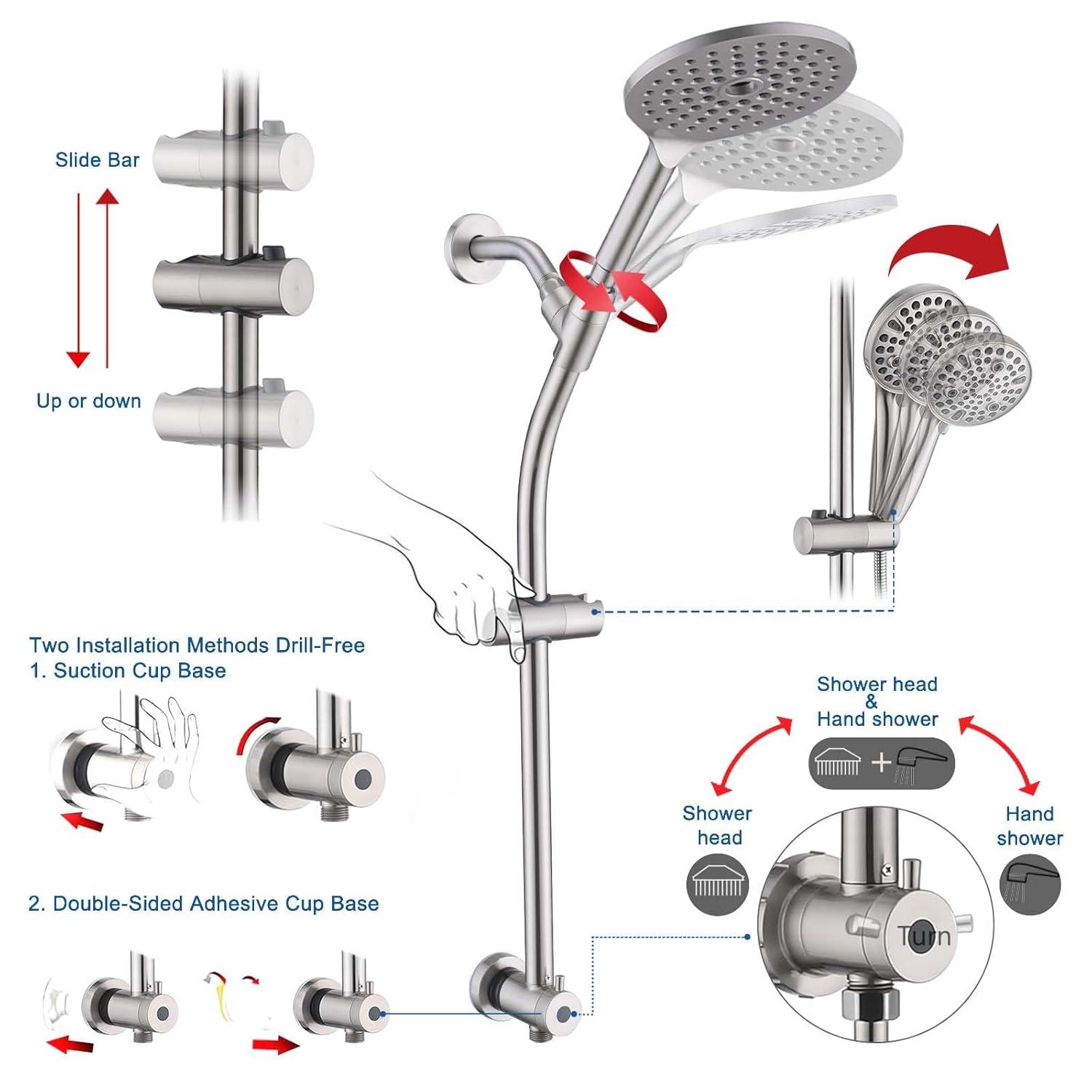 Rainfall Shower Head with Handheld Shower Spray, with 26" Drill Free Adjustable Height Slider Bar, High Pressure Dual Shower Head Combo, 3-Way Diverter for Easy Reach, 5Ft Hose - Chrome Finish