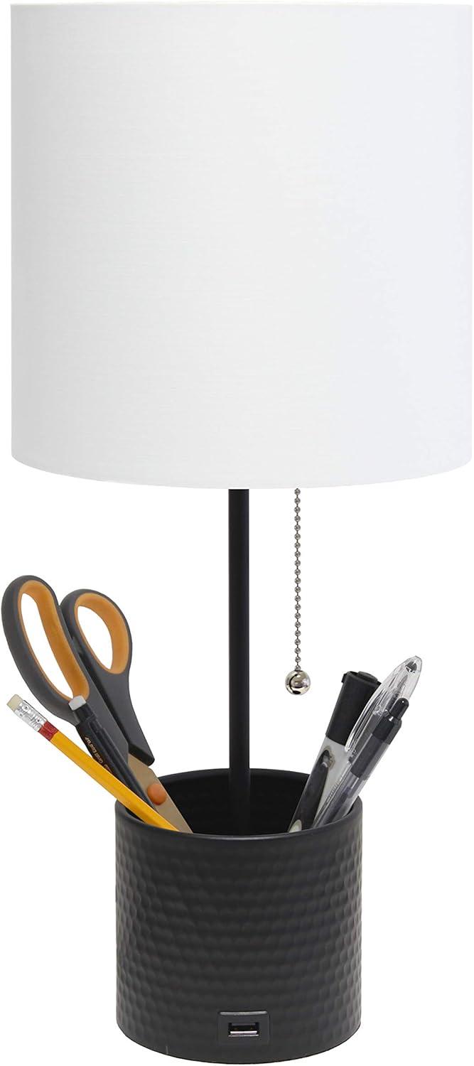 Hammered Metal Organizer Table Lamp with USB Charging Port and Fabric Shade - Simple Designs