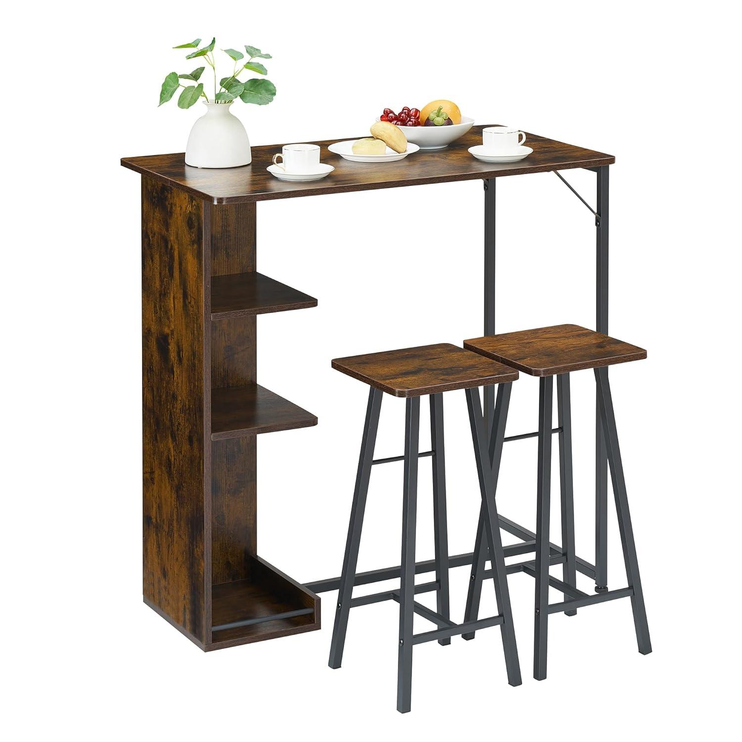 Garvee Small Bar Table and Chairs Set for 2, 3-Piece Bar Table Set with 3 Tier Storage Shelves, Space Saving Table for Small Apartment, Living Room