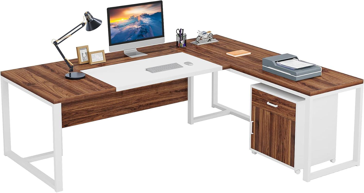 Tribesigns 70.8" Executive Desk with 55" File Cabinet, Industrial L Shaped Computer Desk, Large Executive Desk for Home Office, Walnut & White