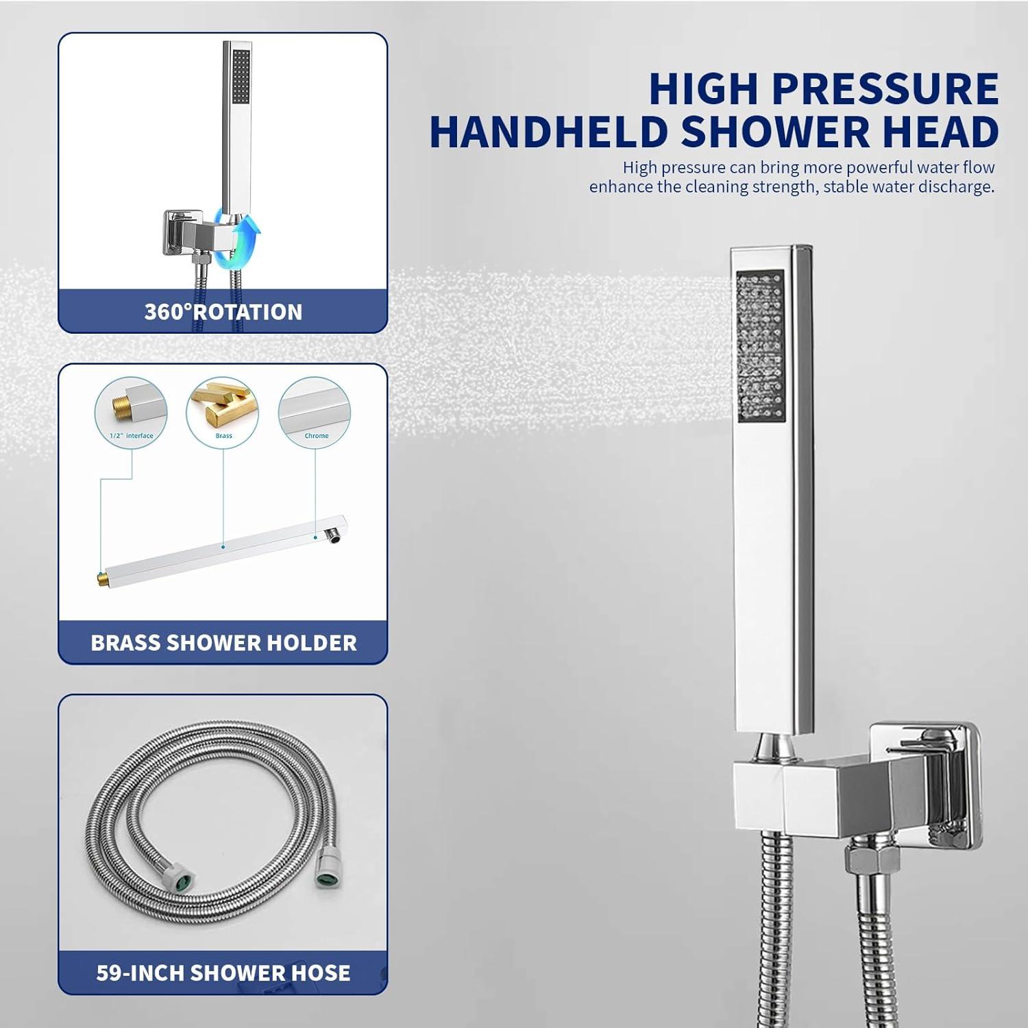 10-Inch Polished Chrome Square Rain Shower System with Handheld