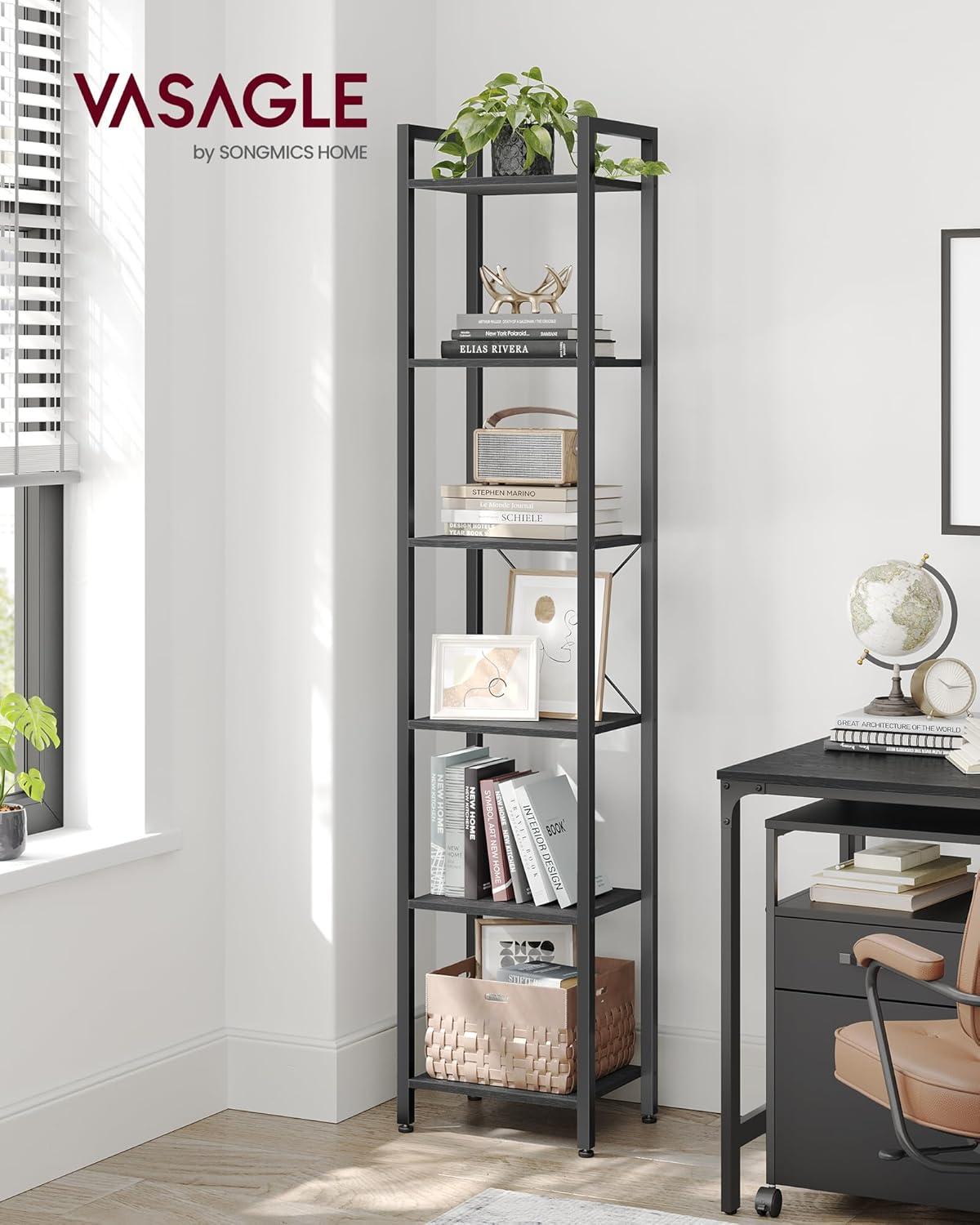 Ebony Black 6-Tier Industrial Tall Bookshelf with Steel Frame