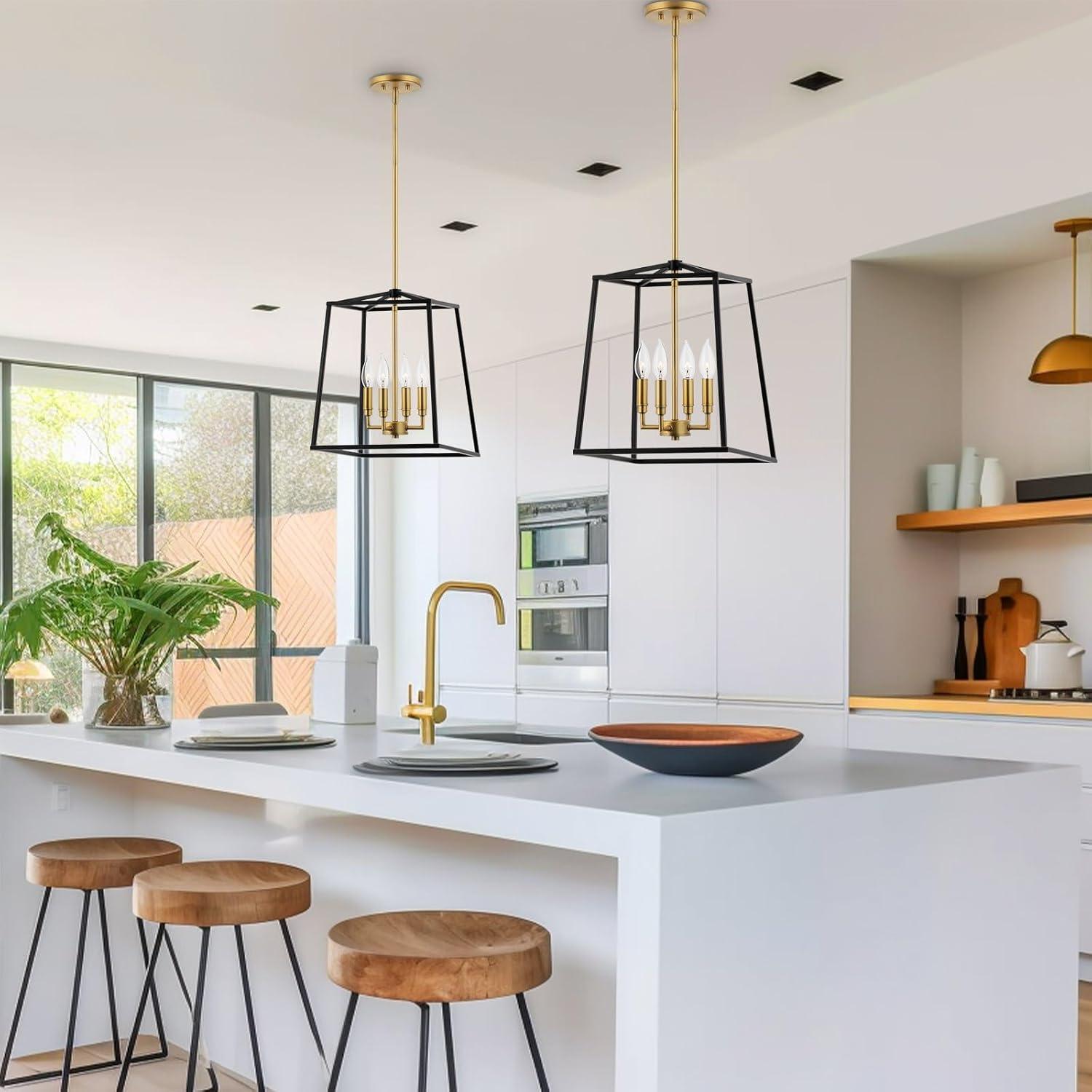 Kira Home Bellevue 16" 4-Light Farmhouse Lantern Pendant Light, Adjustable Foyer Chandelier, Warm Brass Accents + Black
