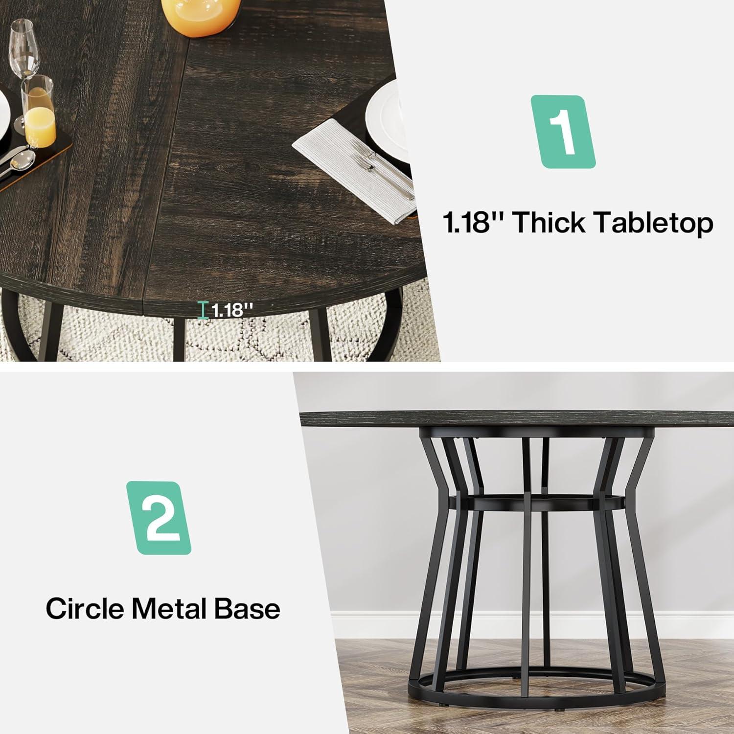 47-Inch Round Brown Wood Dining Table with Black Metal Base