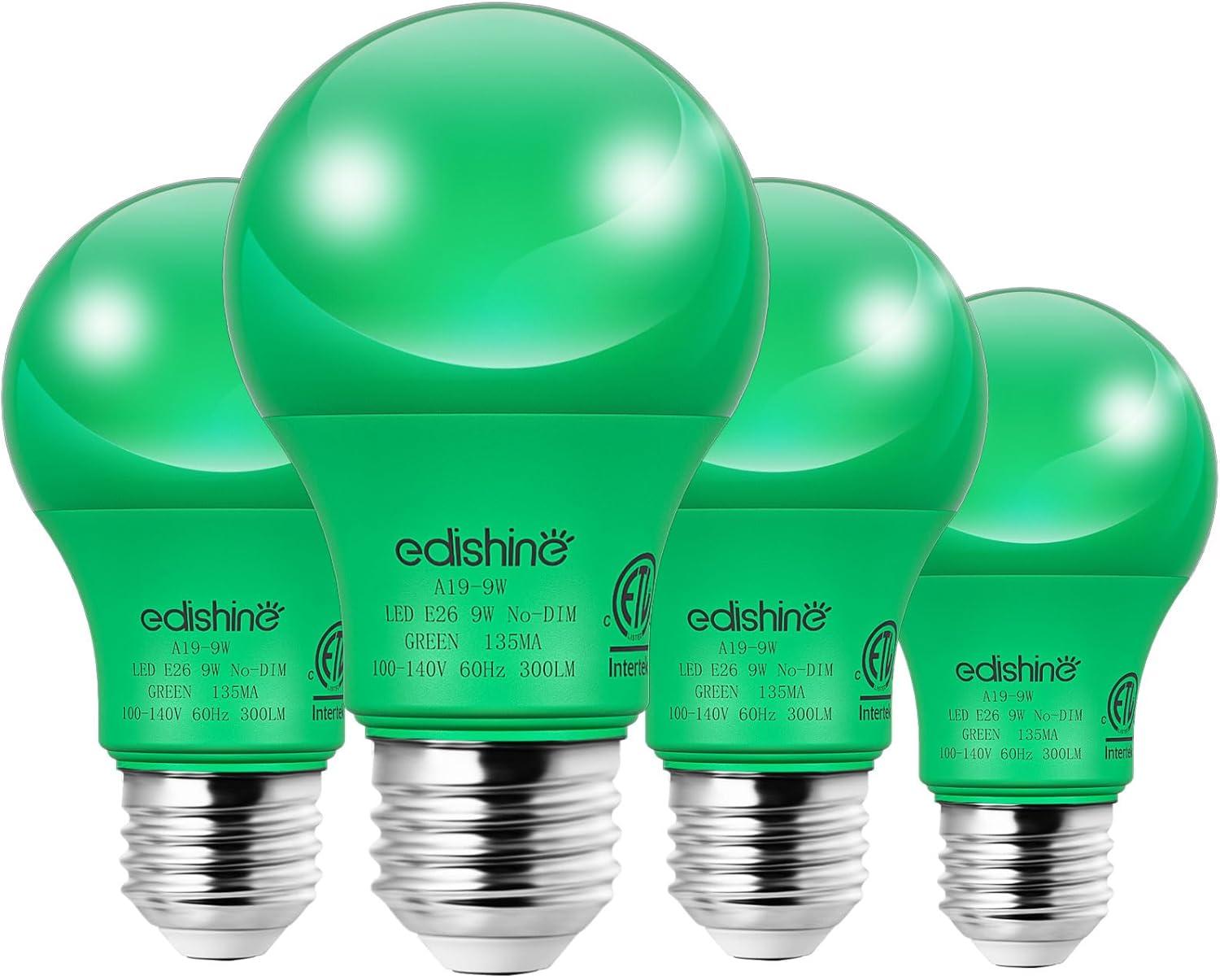 EDISHINE Green LED Light Bulbs for Holiday Party Decoration, A19 9W LED Bulbs 60W Equivalent E26 Base 4 Pack, ETL Listed