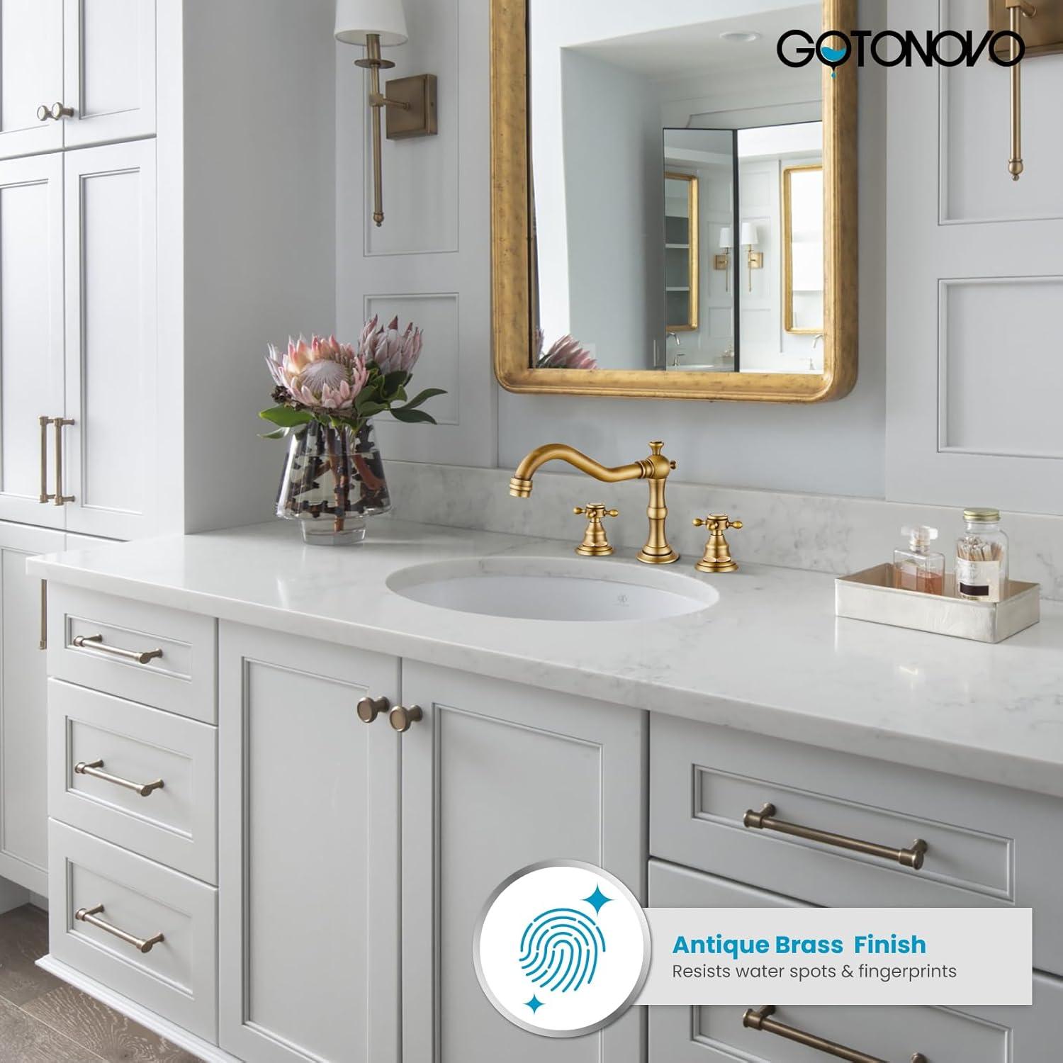 gotonovo Bathroom Faucet 3 Hole 8 Inch Widespread Bathroom Sink Faucet 2 Cross Handles Vintage Lavatory Vanity Mixer Tap with Pop Up Drain, H C Label, Antique Brass