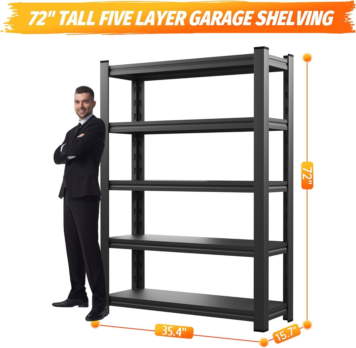 5 Tier 72"H Garage Shelving 2000LBS Heavy Duty Garage Storage Shelves Adjustable Metal Shelving Unit for Garage Storage Rack Industrial Utility Shelf 15.7" D X 35.4" W X 72" H, Black