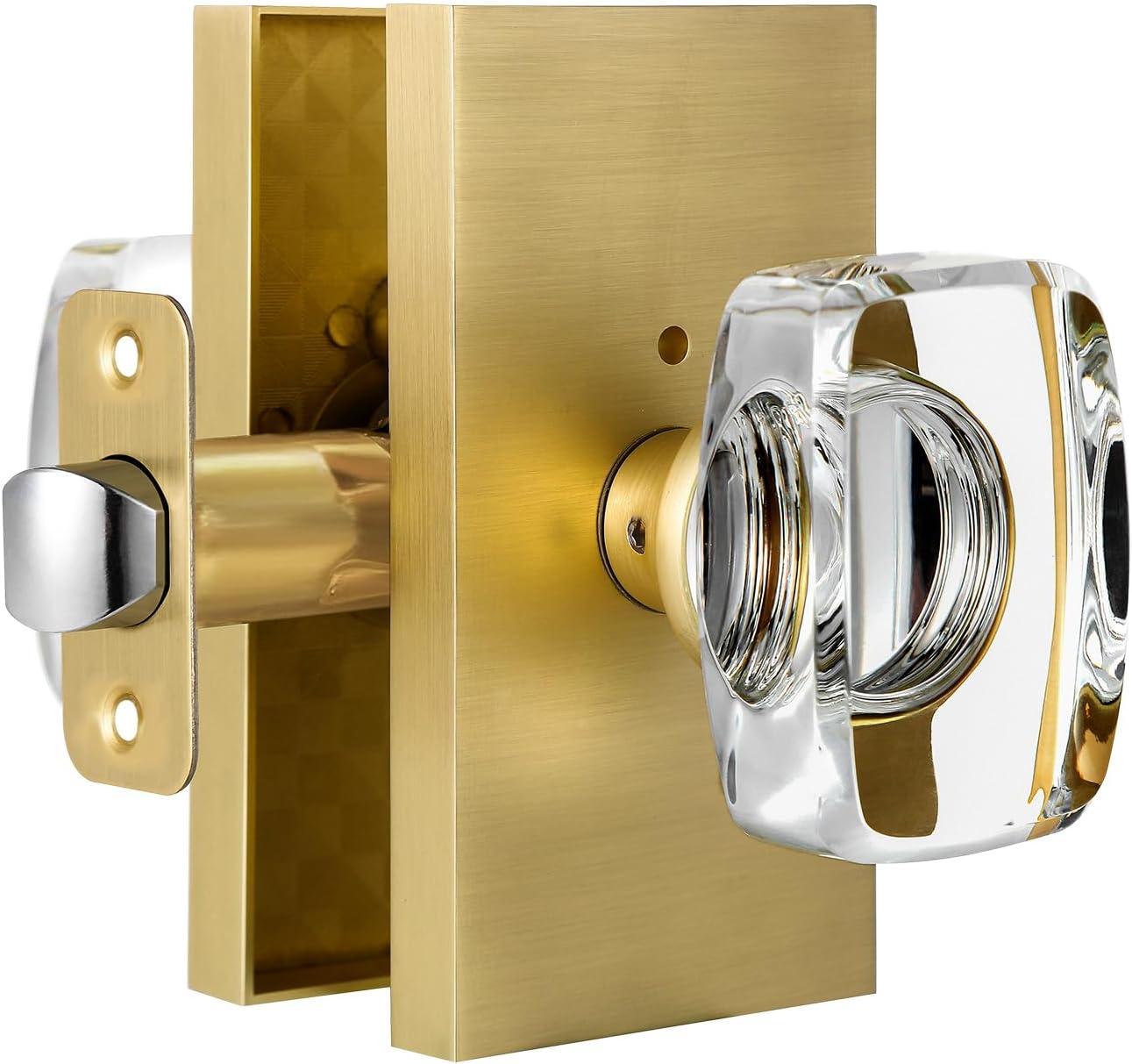 Clear Glass Crystal Door Knobs Interior,Octagon Gold Door Knob,Bathroom Bedroom Privacy Door Knobs with Lock,Satin Brass