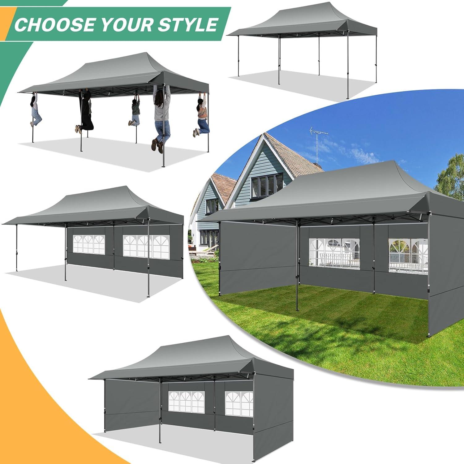 SANOPY 10' x 20' Pop up Canopy Party Tent with Wave Eave, Outdoor Waterproof Patio Gazebo Tent with Carry Bag, Backyards Camping Picnics, Gray