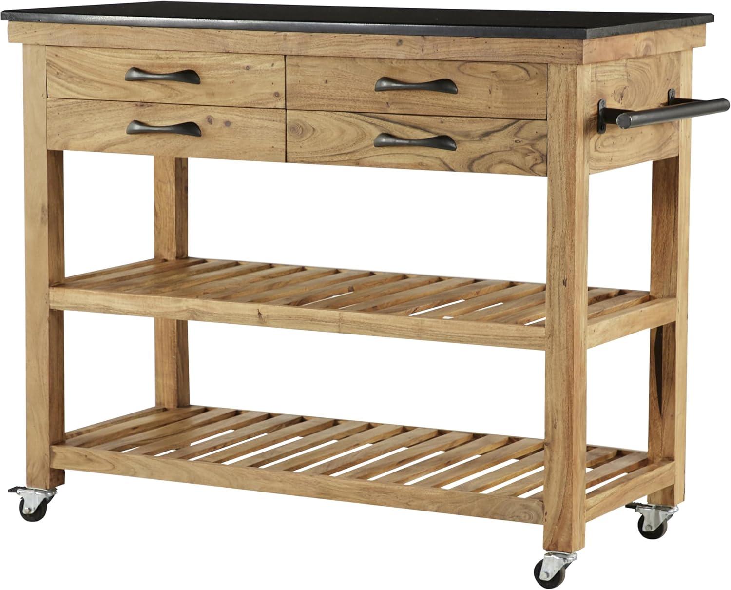 DecMode 46" x 36" Brown Wood Rolling 4 Drawers and 2 Shelves Kitchen Cart with Handle, 1-Piece