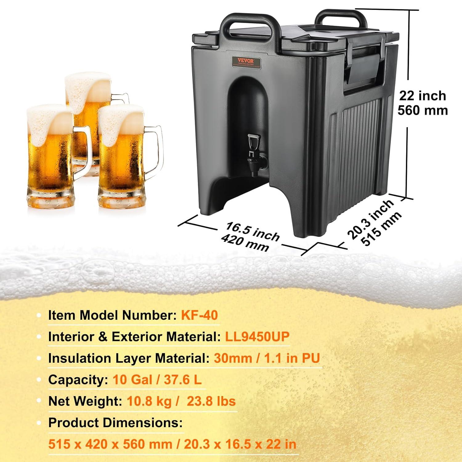 VEVOR Insulated Beverage Dispenser, 10 Gallon, Food-grade LL9450UP Hot and Cold Beverage Server, Thermal Drink Dispenser Cooler with 1.18 in PU Layer Two-Stage Faucet Handle, for Restaurant Drink Shop