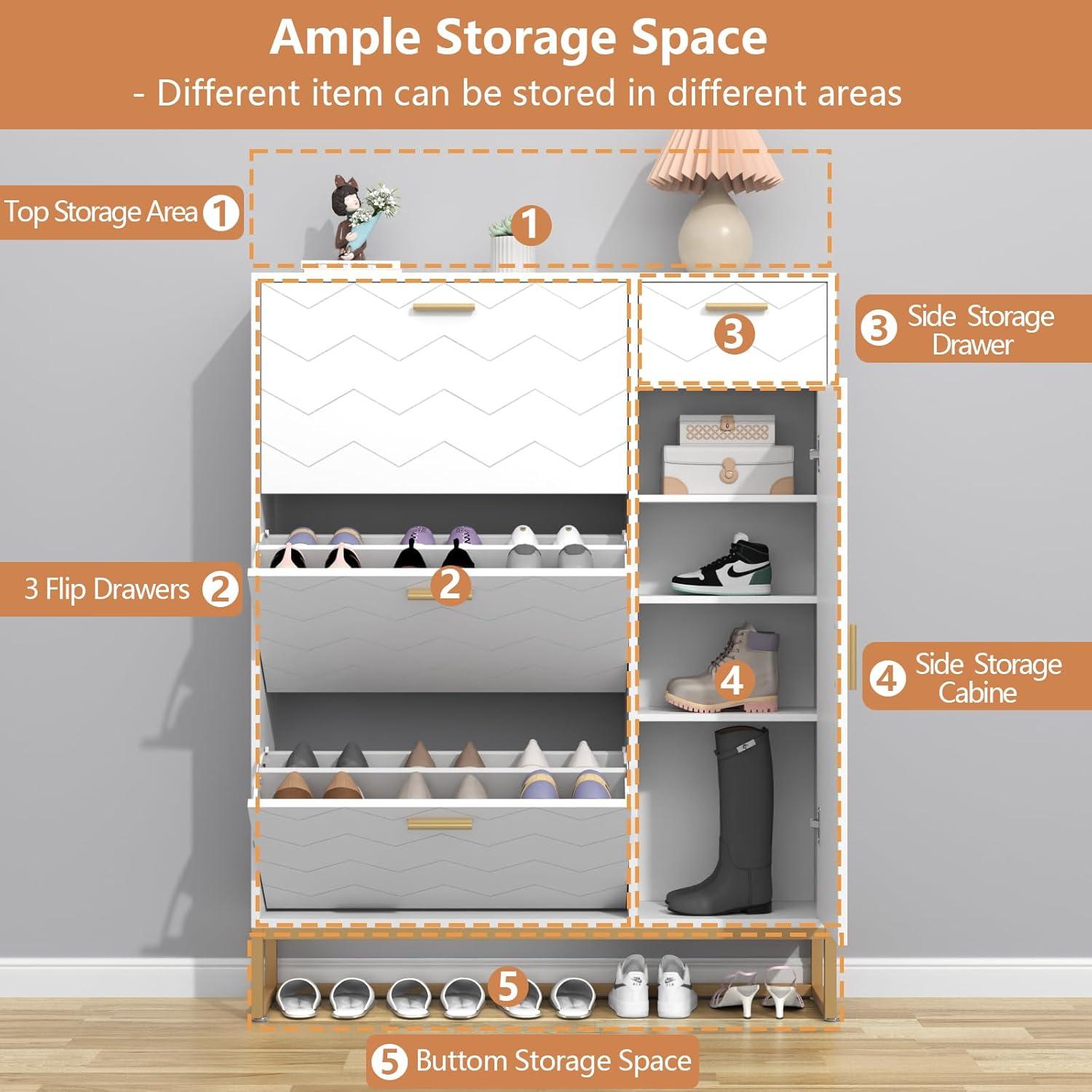 Everly Quinn Shoe Storage Cabinet, Free Standing Shoe Organizer with 3 Flip Drawers and Side Cabinet
