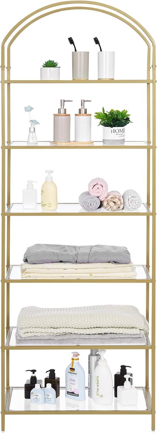 Mercer41 Bookcase Bookshelf, Tempered Glass Arched Bookshelf For More Storage, Slim Shelving Unit For Bedroom, Bathroom, Home Office, Steel Frame, 6 Tier Gold