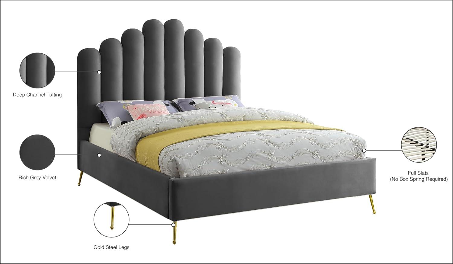 Meridian Furniture Contemporary Velvet Upholstered Platform Bed with Sturdy Gold Steel Legs and Deep Channel Tufted Headboard