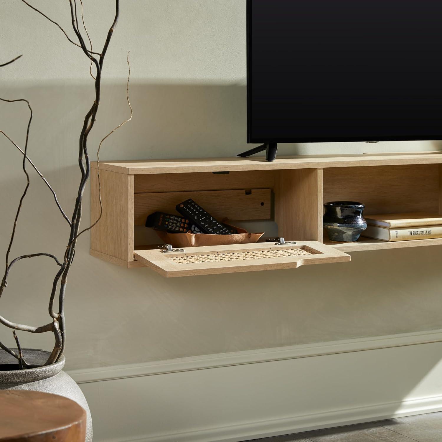 58" Coastal Oak Floating TV Stand with Rattan Doors