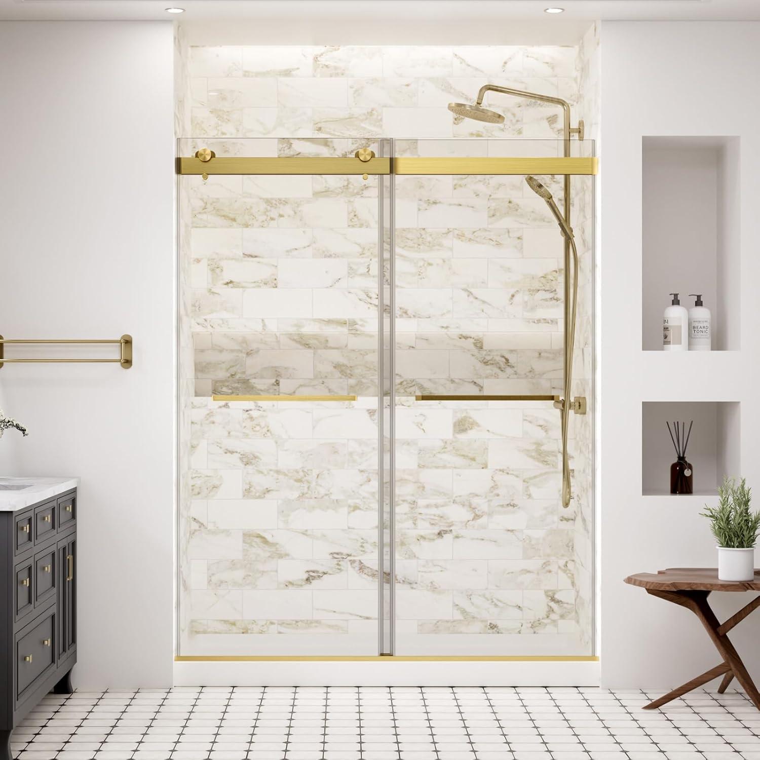 Brushed Gold Frameless Sliding Shower Door with Clear Tempered Glass