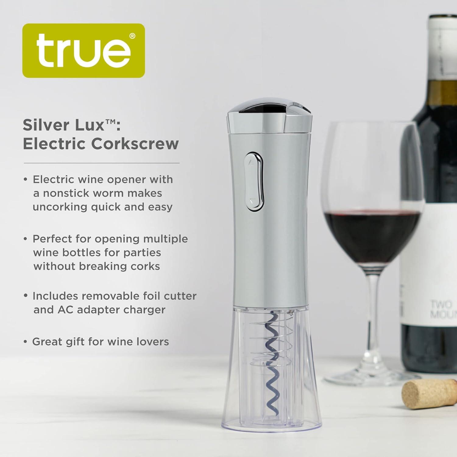 True Lux Electric Wine Opener, Rechargeable Corkscrew with Charger, Silver