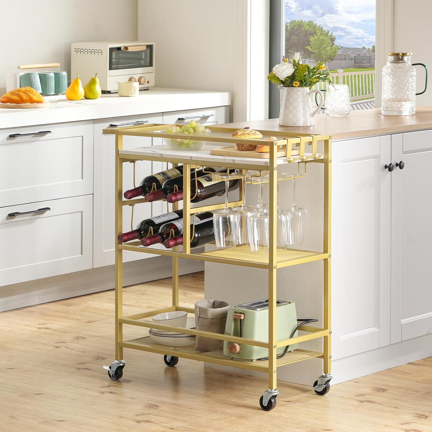 Bar Cart for Home, 3-Tier Serving Cart with Wheels and Handle, Beverage Cart with Wine Rack and Glass Holders, Rolling Wine Cart for Kitchen, Dining Room, Gold and White RCJM6101