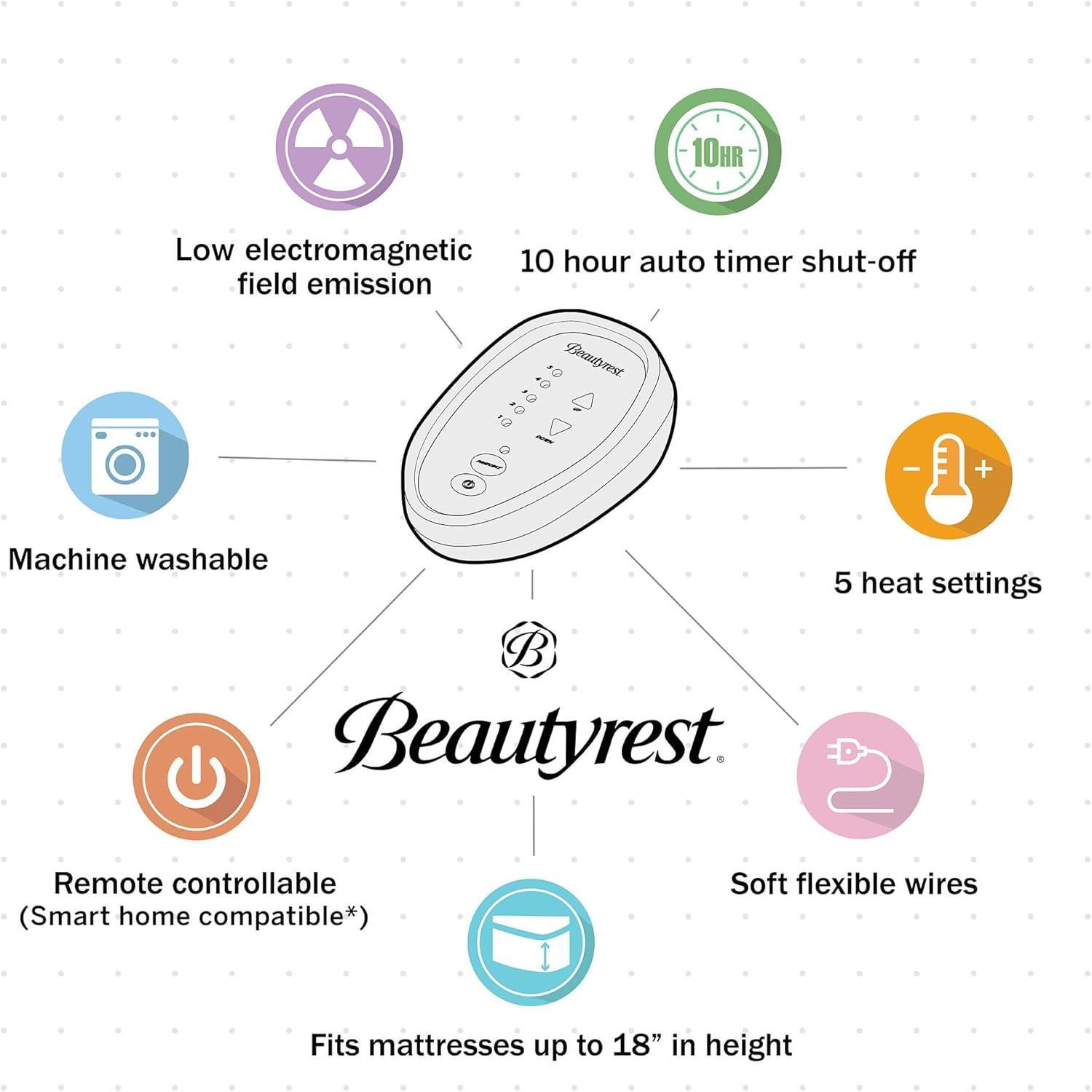Cotton Blend Heated Mattress Pad (Queen) White - Beautyrest: 5 Heat Settings, Machine Washable, Fits 18" Mattress