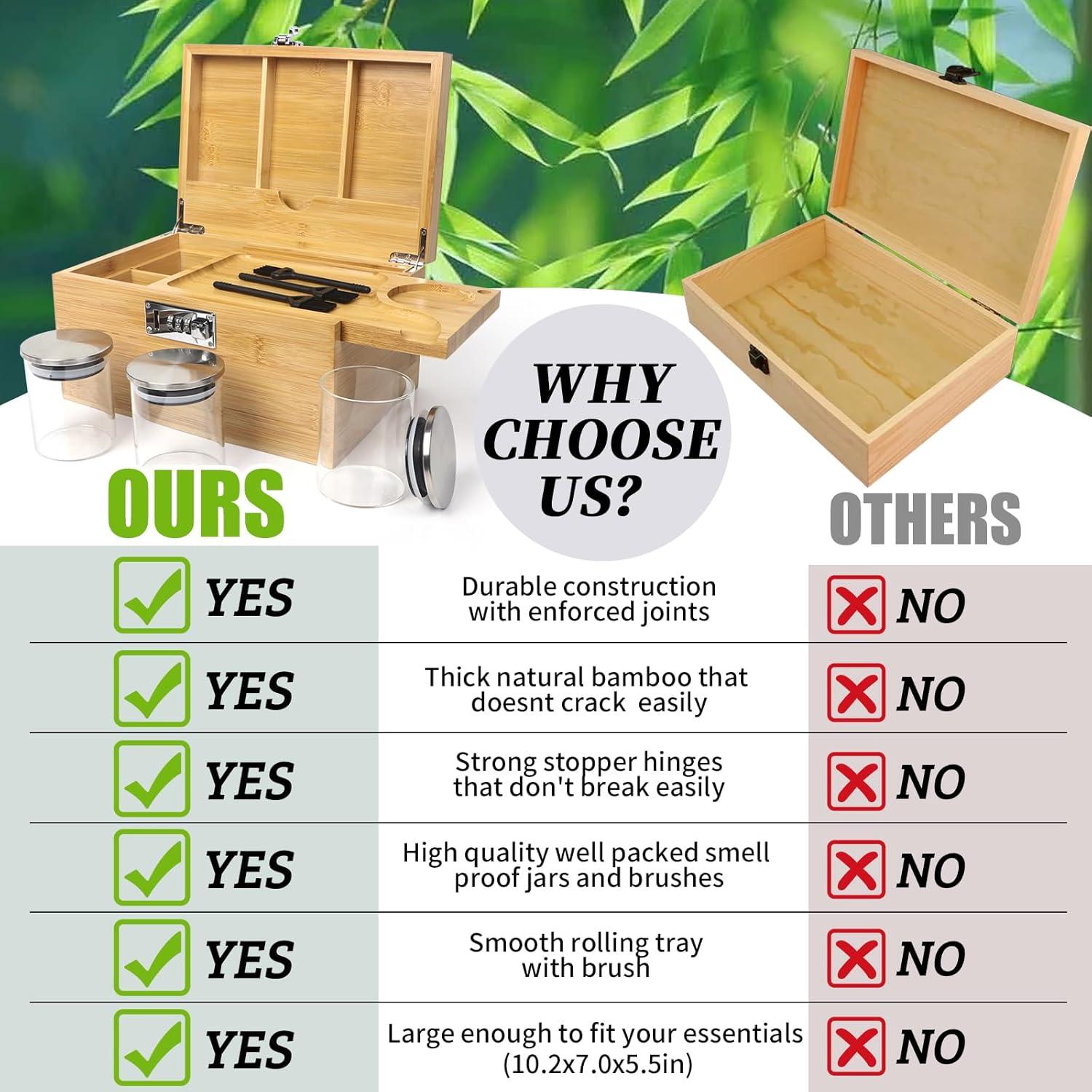 Large Bamboo Box with Combination Lock, Decorative Storage Box with Detachable Compartment, Wooden Boxes with Alright Jars & Brushes as Great Gift Choice.