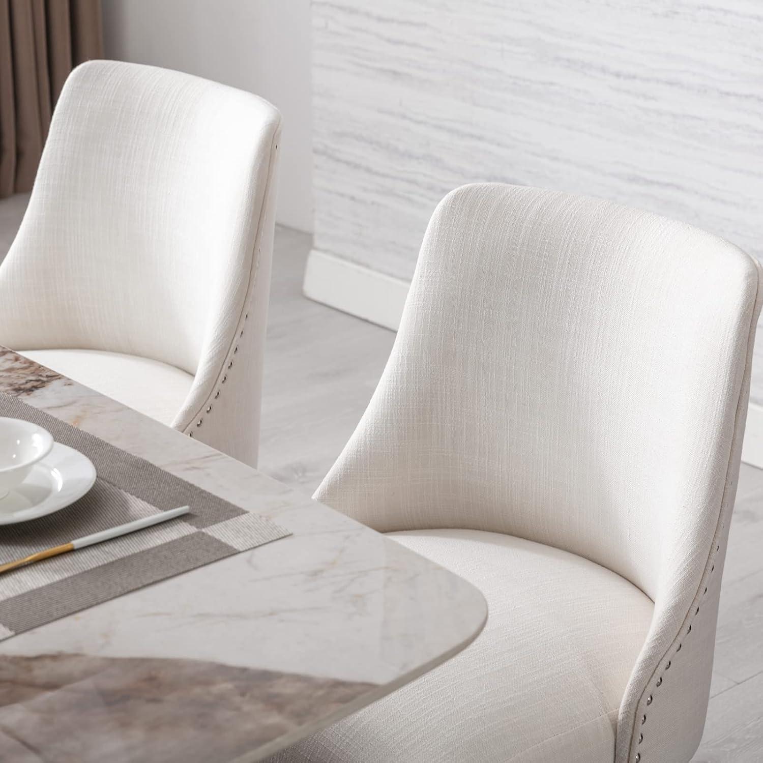 Guyou Dining Chairs Set of 2, Mid Century Modern Linen Upholstered Farmhouse Side Chairs with Nailhead and High Back for Kitchen Restaurant, Grey