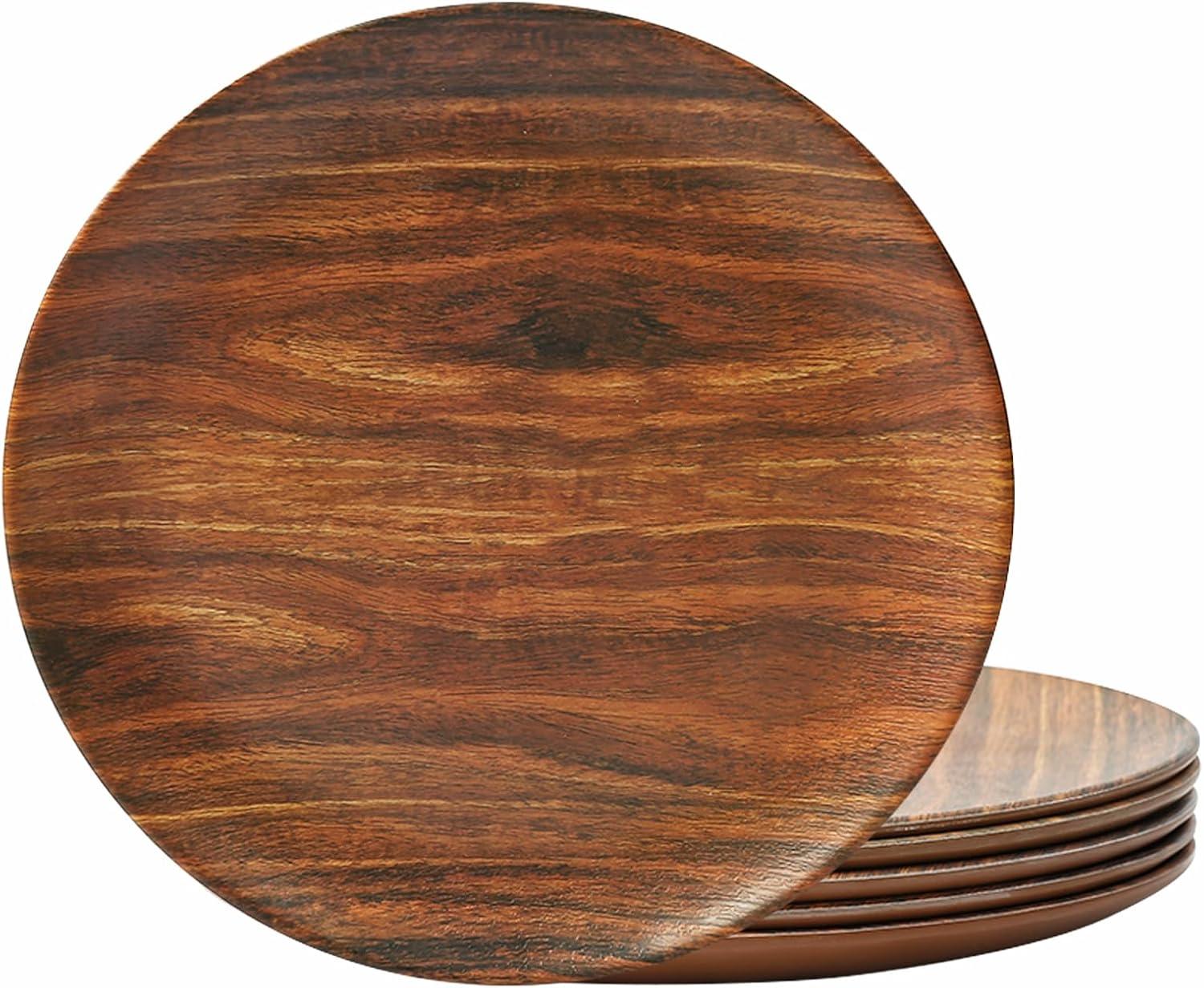 TP 8.5" Melamine Dinner Plates, 6-Piece Plate Set Unbreakable Serving Dishes, Dishwasher Safe, Rosewood Grain