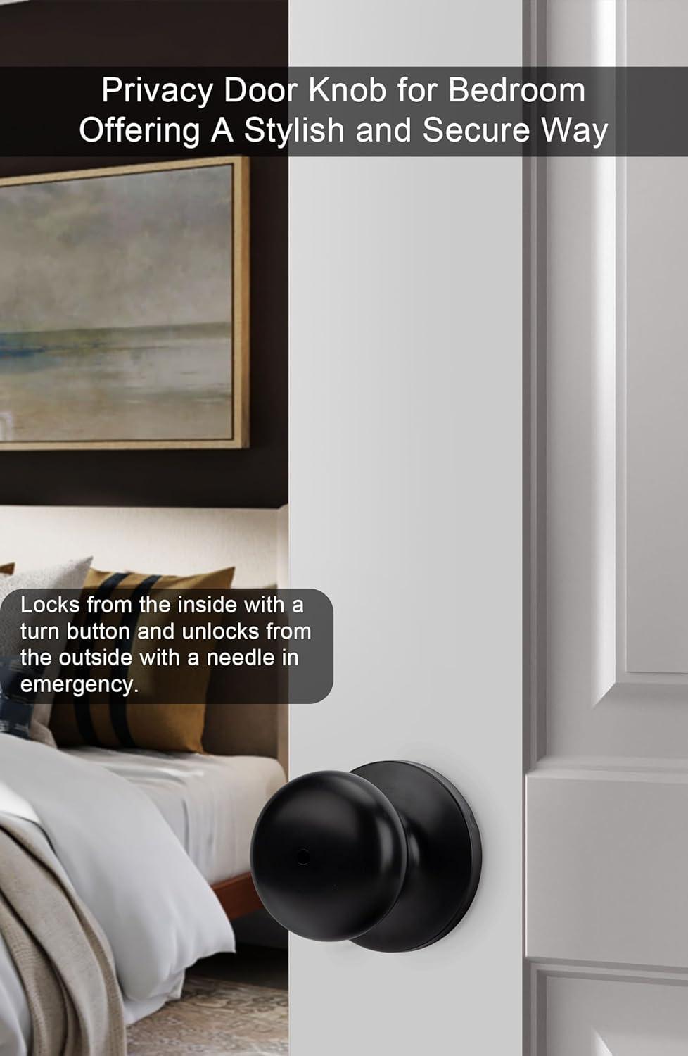 Probrico Black Door Knobs Interior, Passage Door Knobs for Hallway Closet, Matte Black Keyless Indoor Door Knob, 6 Pack