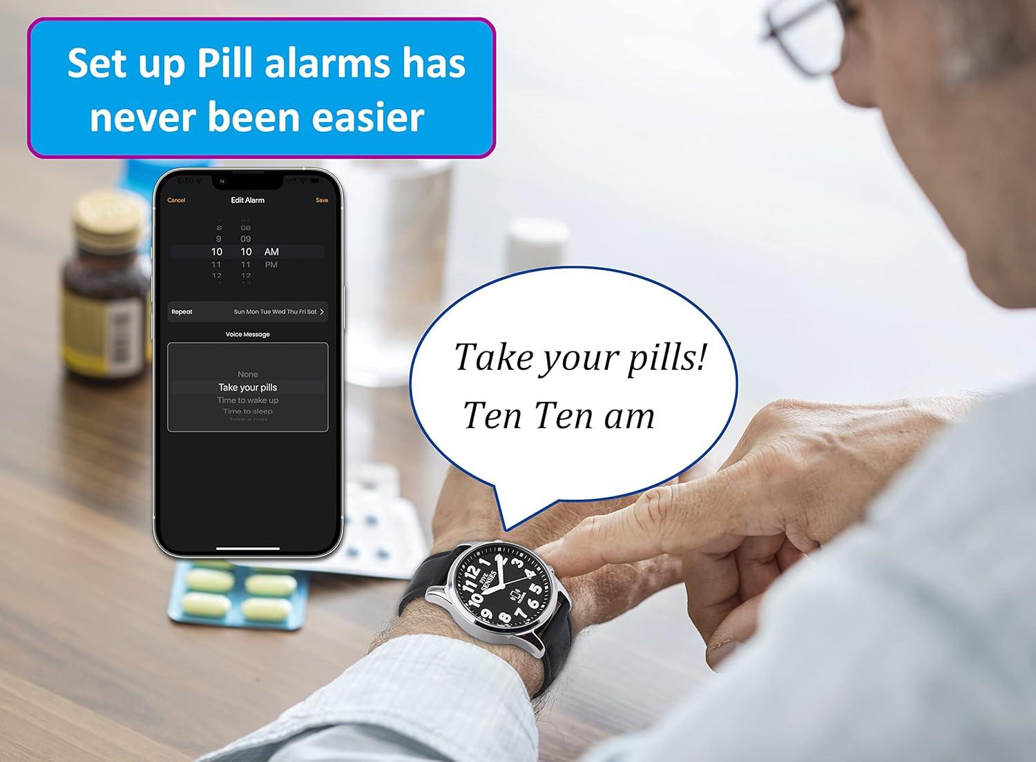 FIVE SENSES Jumbo Smart Atomic Talking Watch with Voice Reminders and App Control for Seniors and Visually Impaired - Great Gift for Blind Men and Women. Metal Talking Watches for The Blind (Black)