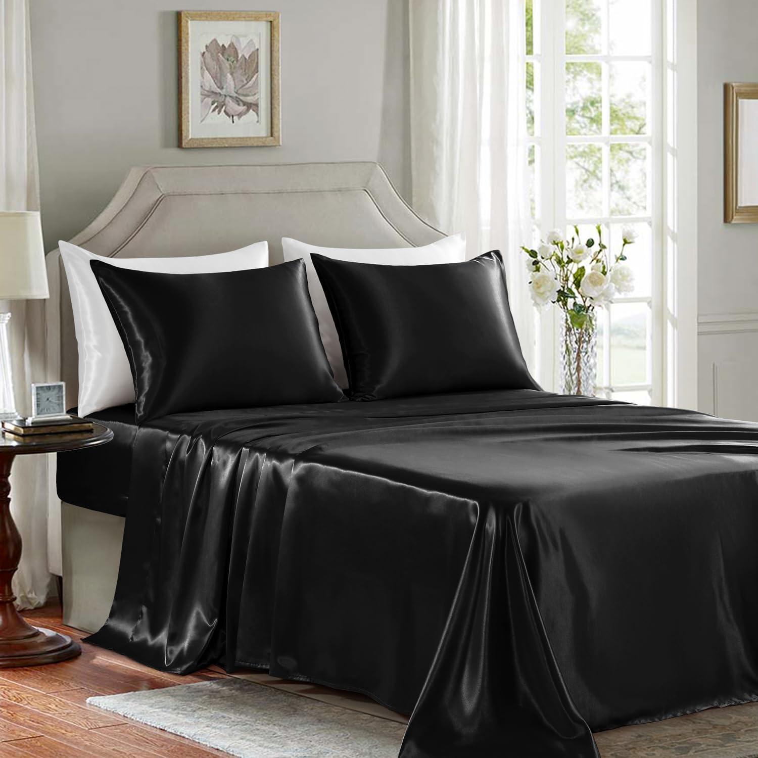 Black Satin Full Size 4-Piece Deep Pocket Sheet Set