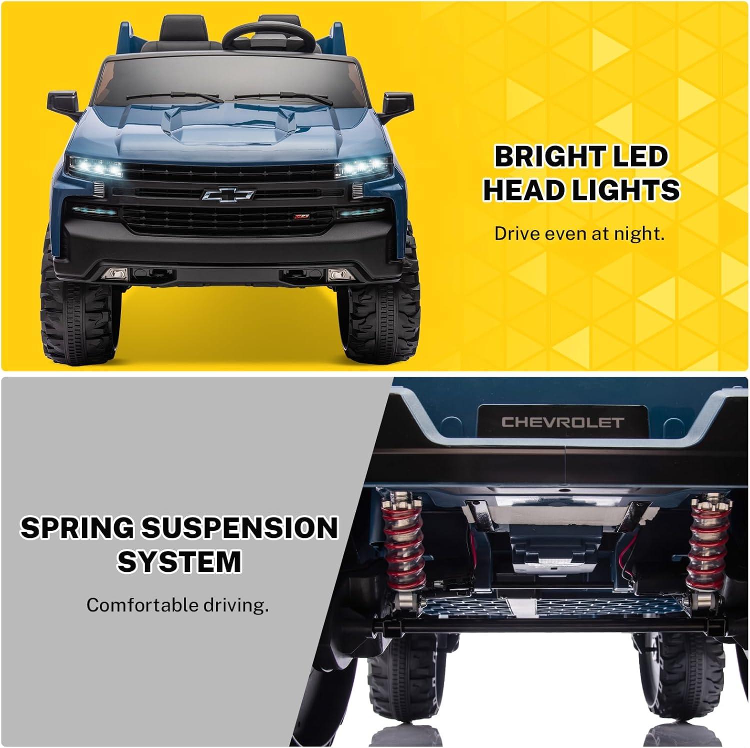 Chevrolet Silverado Autos Ride on con Motor de 24 V para Niños, Juguetes Ride on Extra Grandes de 2 Asientos con Control Remoto, Luz LED, Reproductor de MP3, Vehículos Eléctricos Camión Ride on para Niños y Niñas, Regalos, Azul