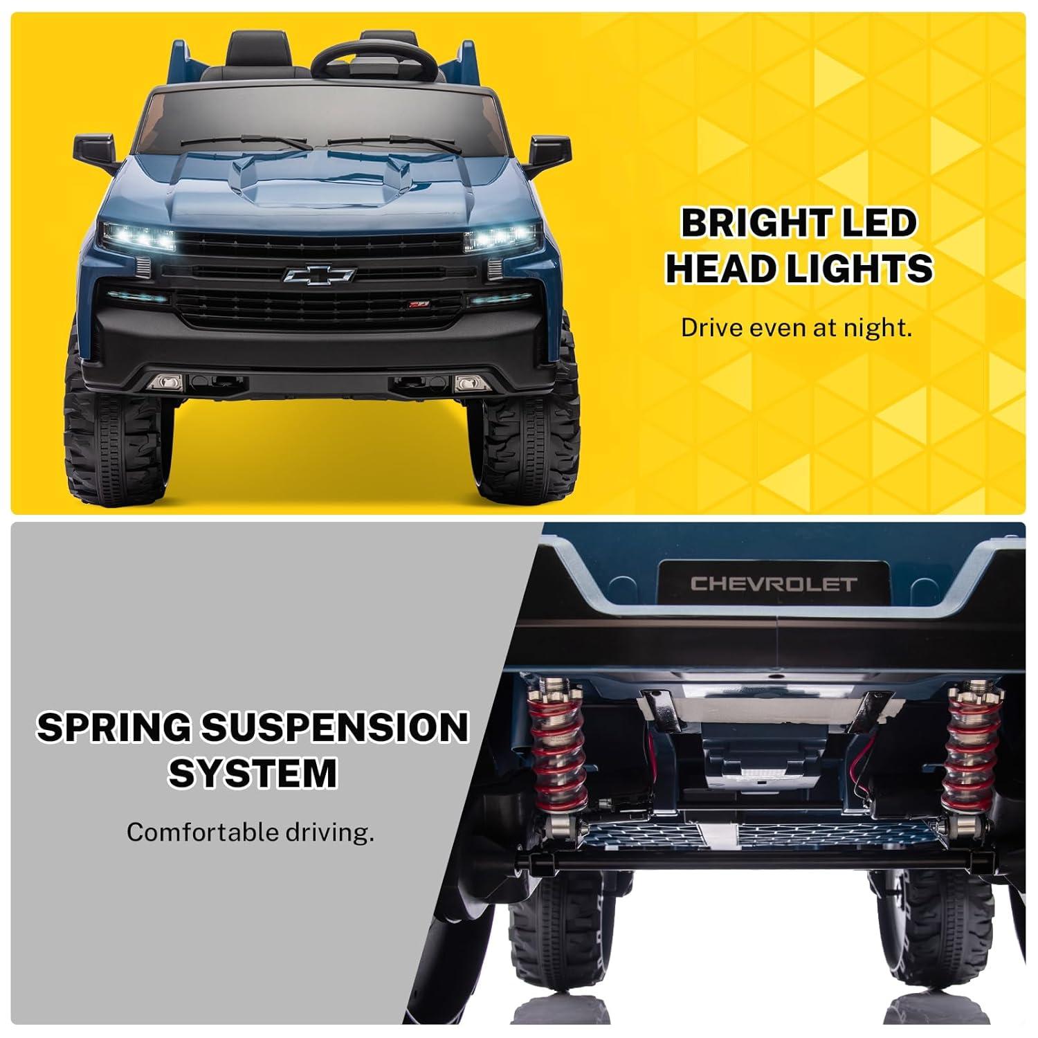 Chevrolet Silverado Autos Ride on con Motor de 24 V para Niños, Juguetes Ride on Extra Grandes de 2 Asientos con Control Remoto, Luz LED, Reproductor de MP3, Vehículos Eléctricos Camión Ride on para Niños y Niñas, Regalos, Azul