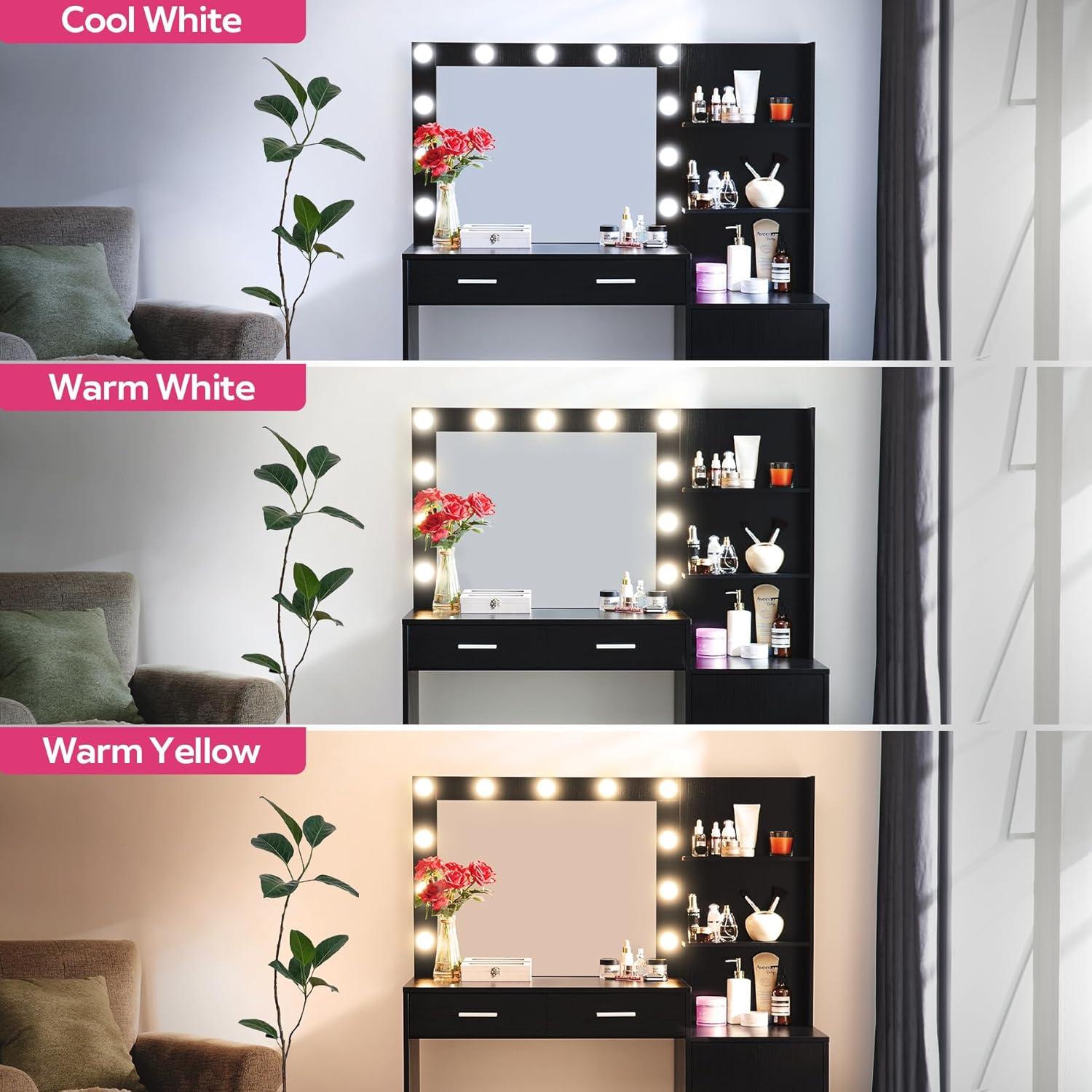 46.7" Vanity Desk with Mirror & LED Lights, Dressing Table with 2 Large Drawers & Vertical Organizer, 3-Tier Storage, 3 Adjustable Lighting Modes, Makeup Desk for Bedroom