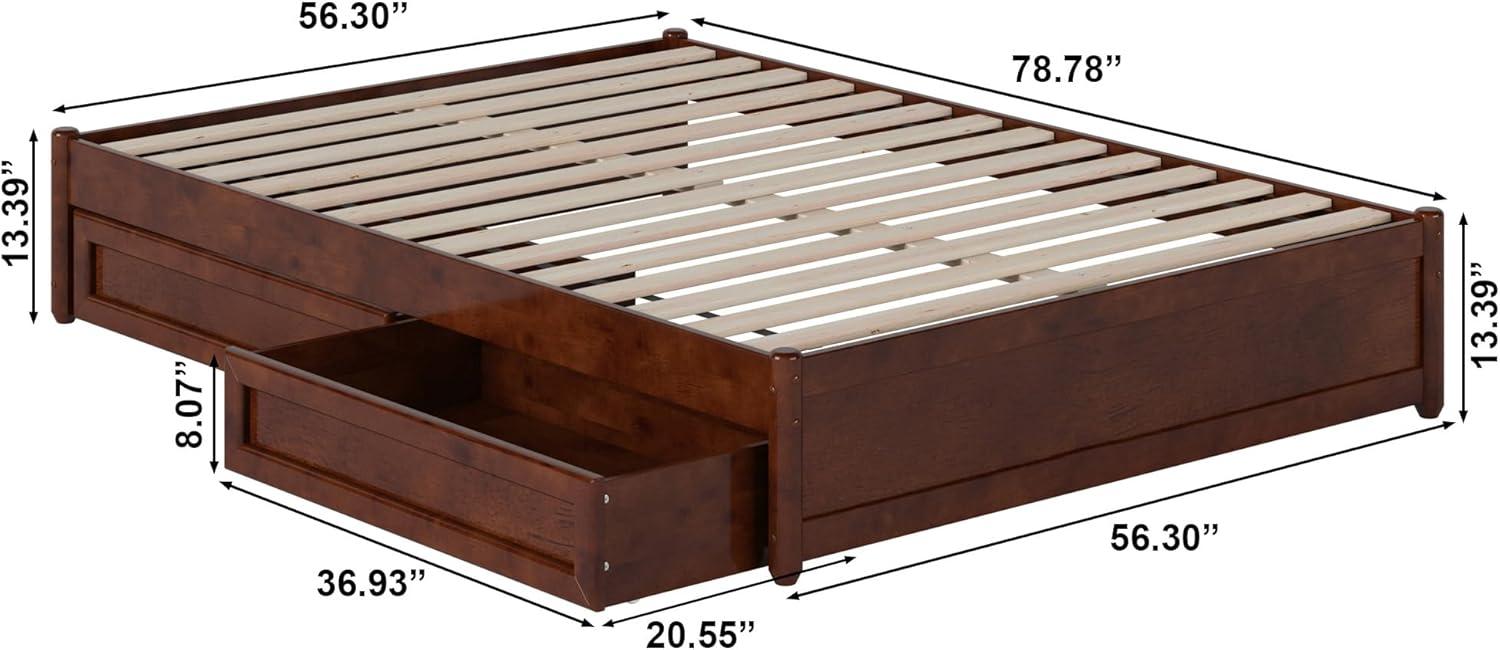 Barcelona Full Solid Wood Panel Platform Bed with Storage Drawers in Walnut