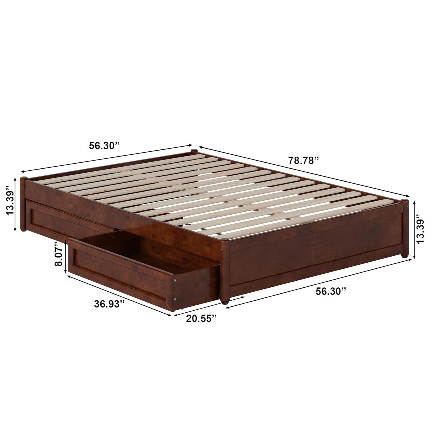 Barcelona Full Solid Wood Panel Platform Bed with Storage Drawers in Walnut