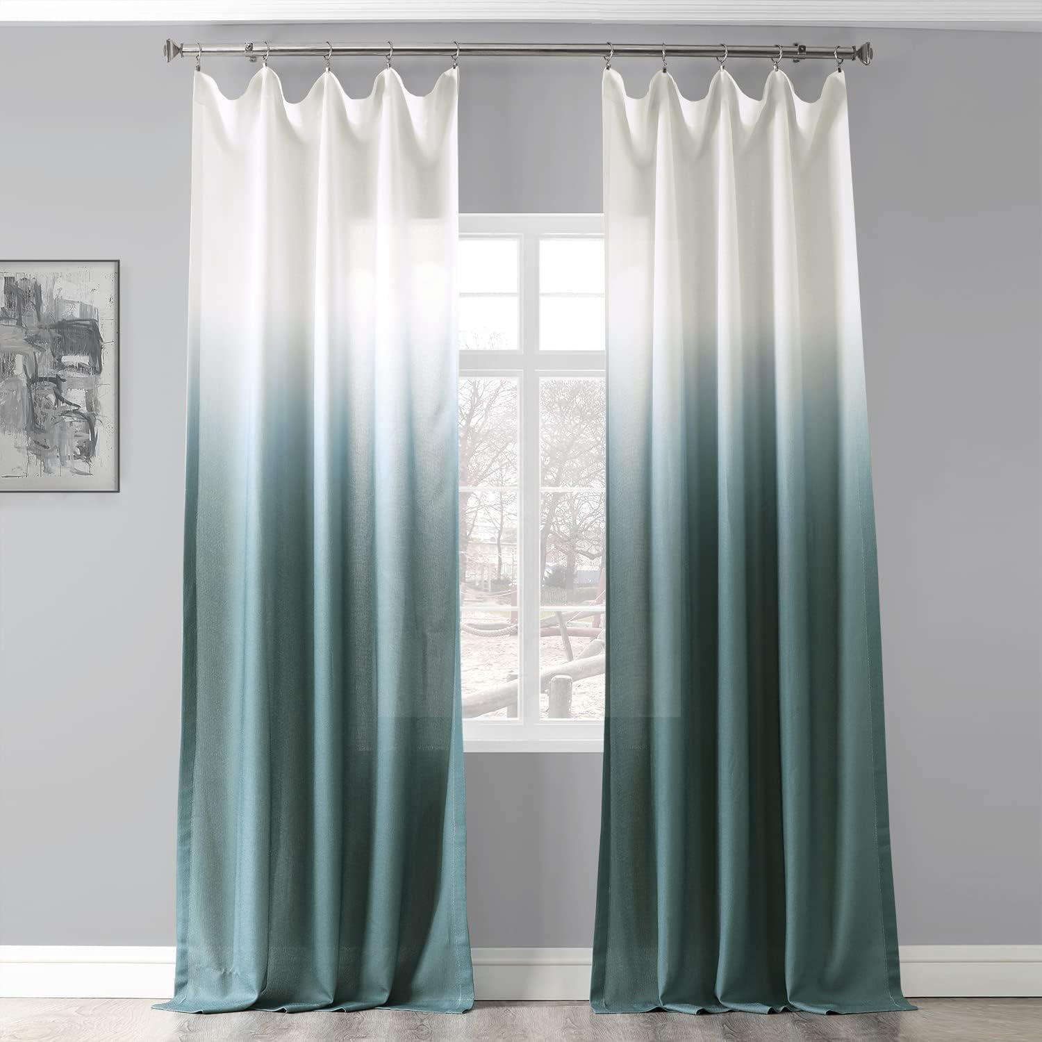 Ombre Aqua 108" Light-Filtering Faux Linen Curtain Panel