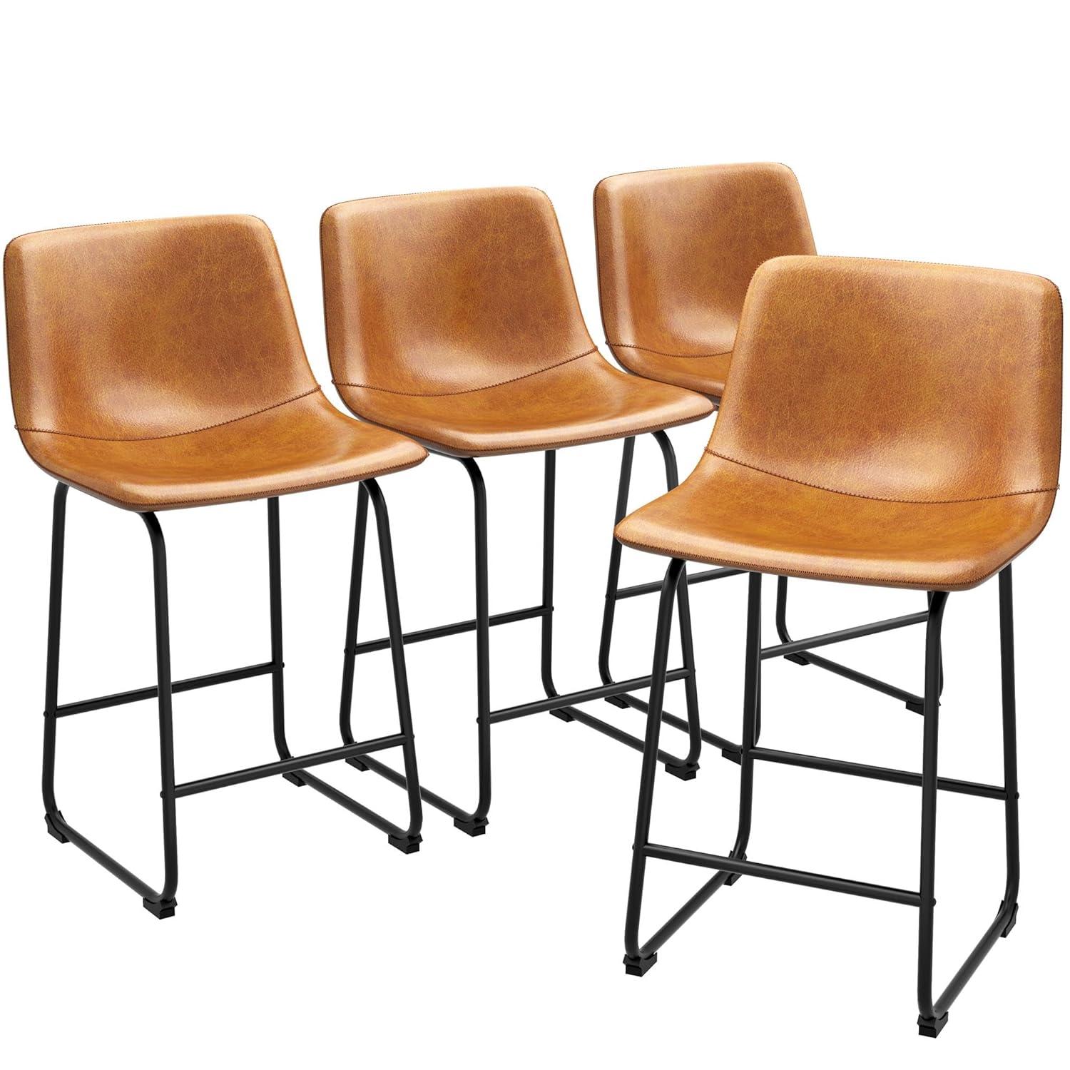WM 26 inch Counter Height Bar Stools Set of 4, Modern Faux Leather High Barstools with Back and Metal Leg, Bar Chairs for Indoor & Outdoor, Brown