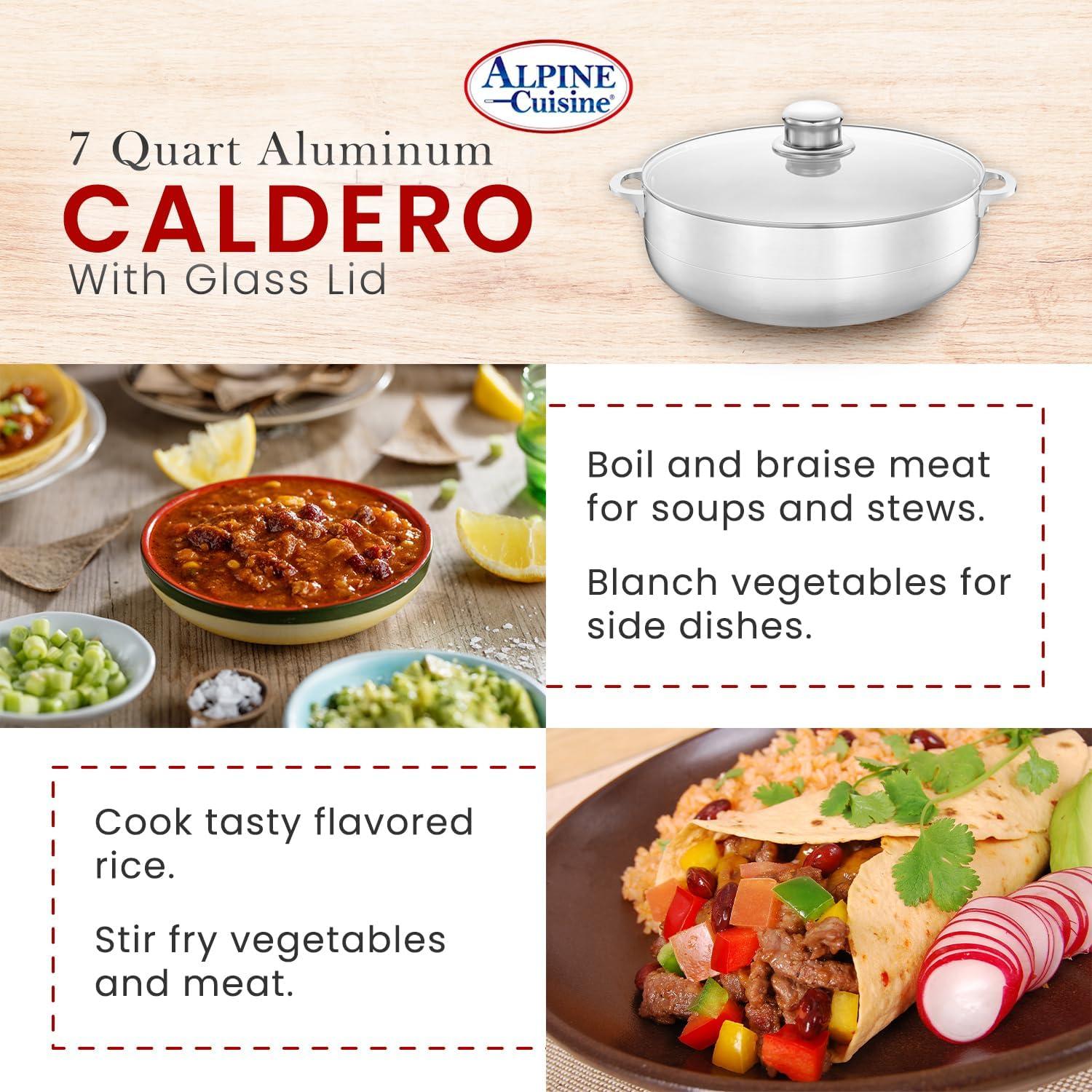 Alpine Cuisine 7-Quart Aluminum Caldero Stock Pot with Glass Lid, Cooking Dutch Oven Performance for Even Heat Distribution, Perfect for Serving Large & Small Groups, Riveted Handles Commercial Grade