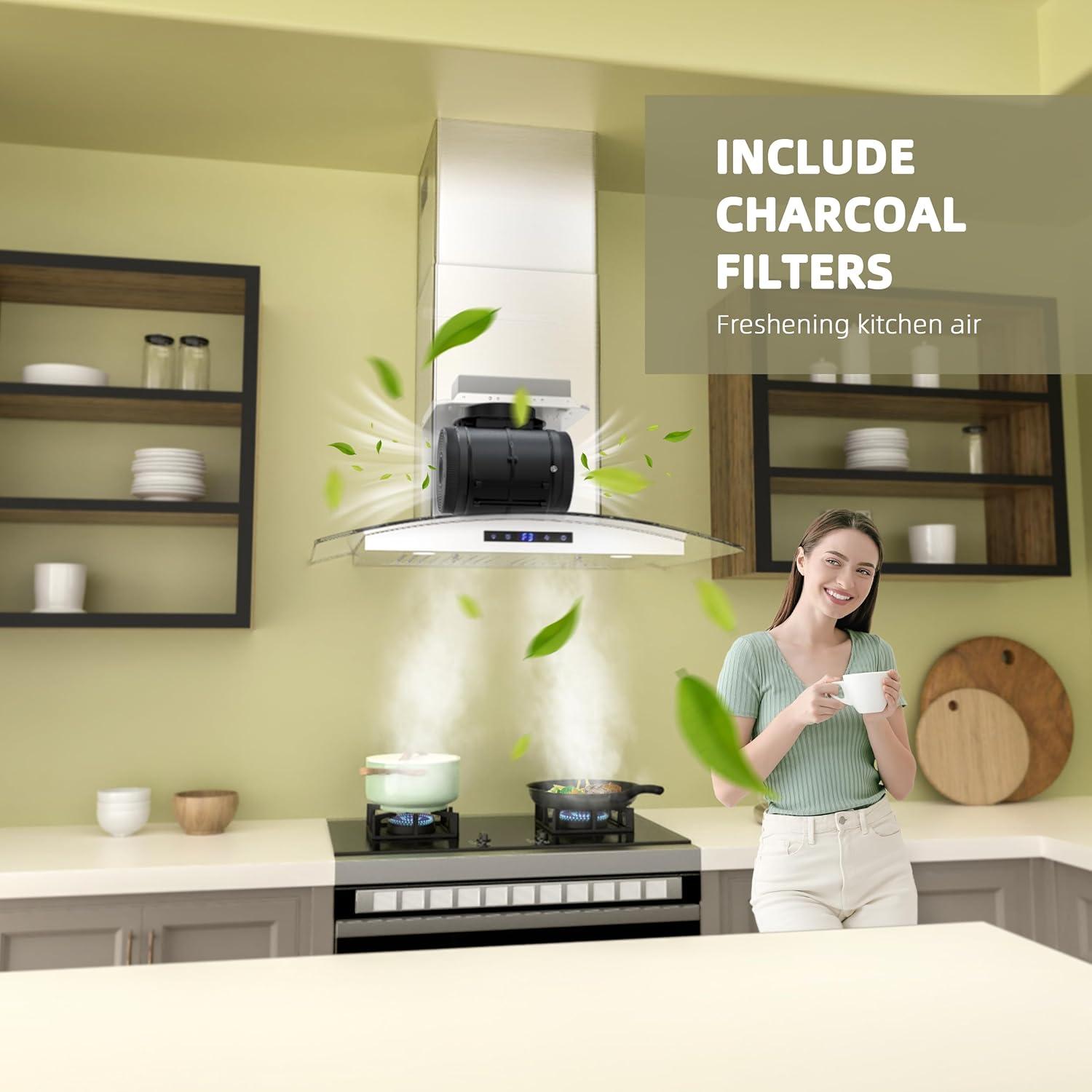 FIREGAS 30 inch Wall Mount Range Hood 600CFM with Ducted Exhaust Vent,3 Speed Fan,Soft Touch Controls,LED Lights,Permanent Filters in Stainless Steel,includes Charcoal Filter