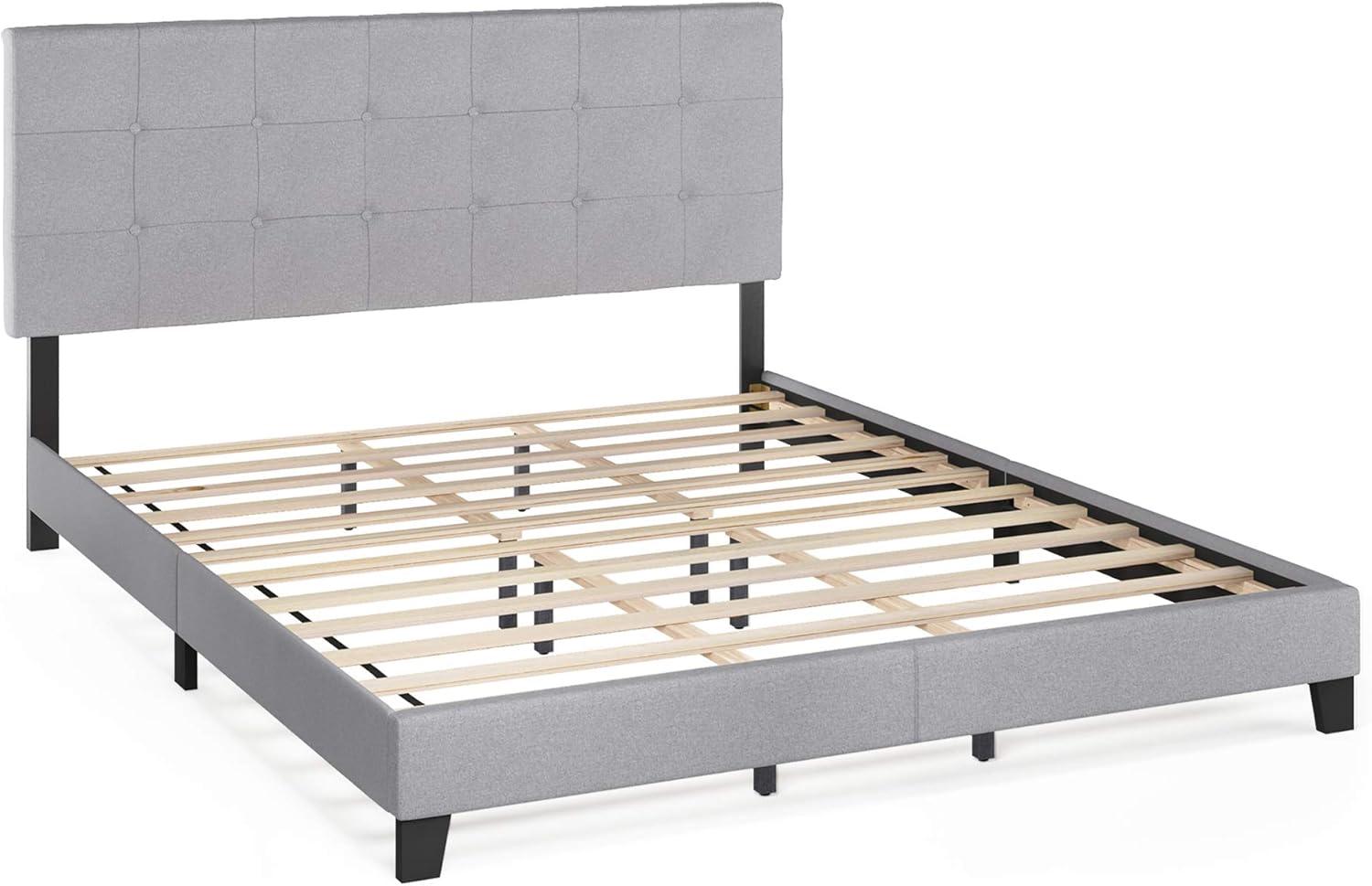 Furinno Laval Button Tufted Bed, 12 Pieces Slat Style, Glacier, California King