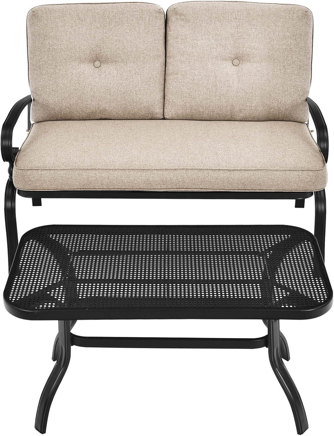 Beige Cushioned Steel Patio Loveseat with Coffee Table