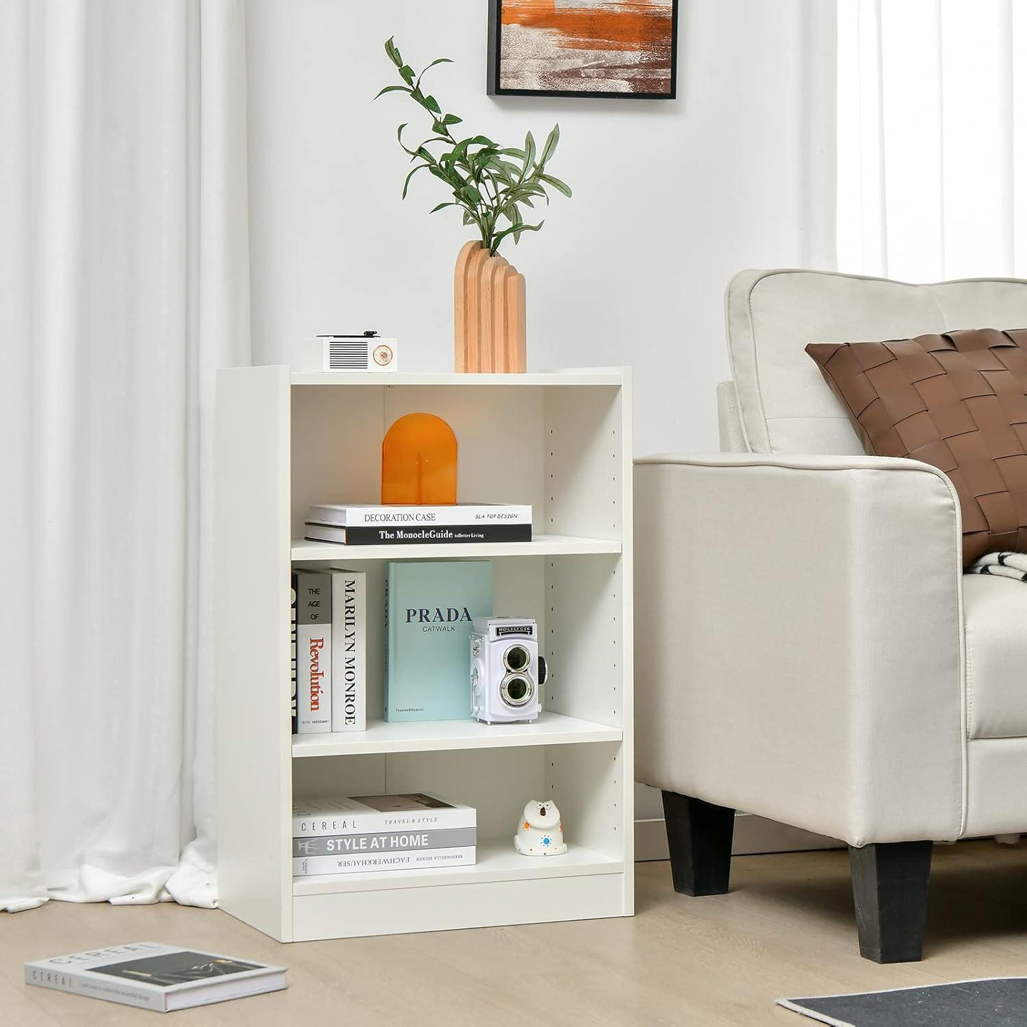 White 3-Tier Adjustable MDF Bookcase with Anti-Toppling Device