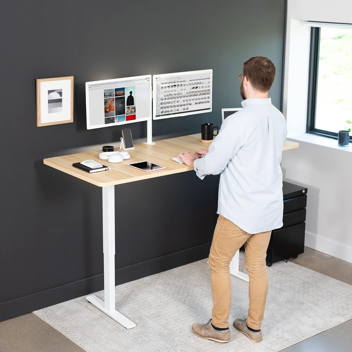 Light Wood & White Electric Adjustable Standing Desk 71"