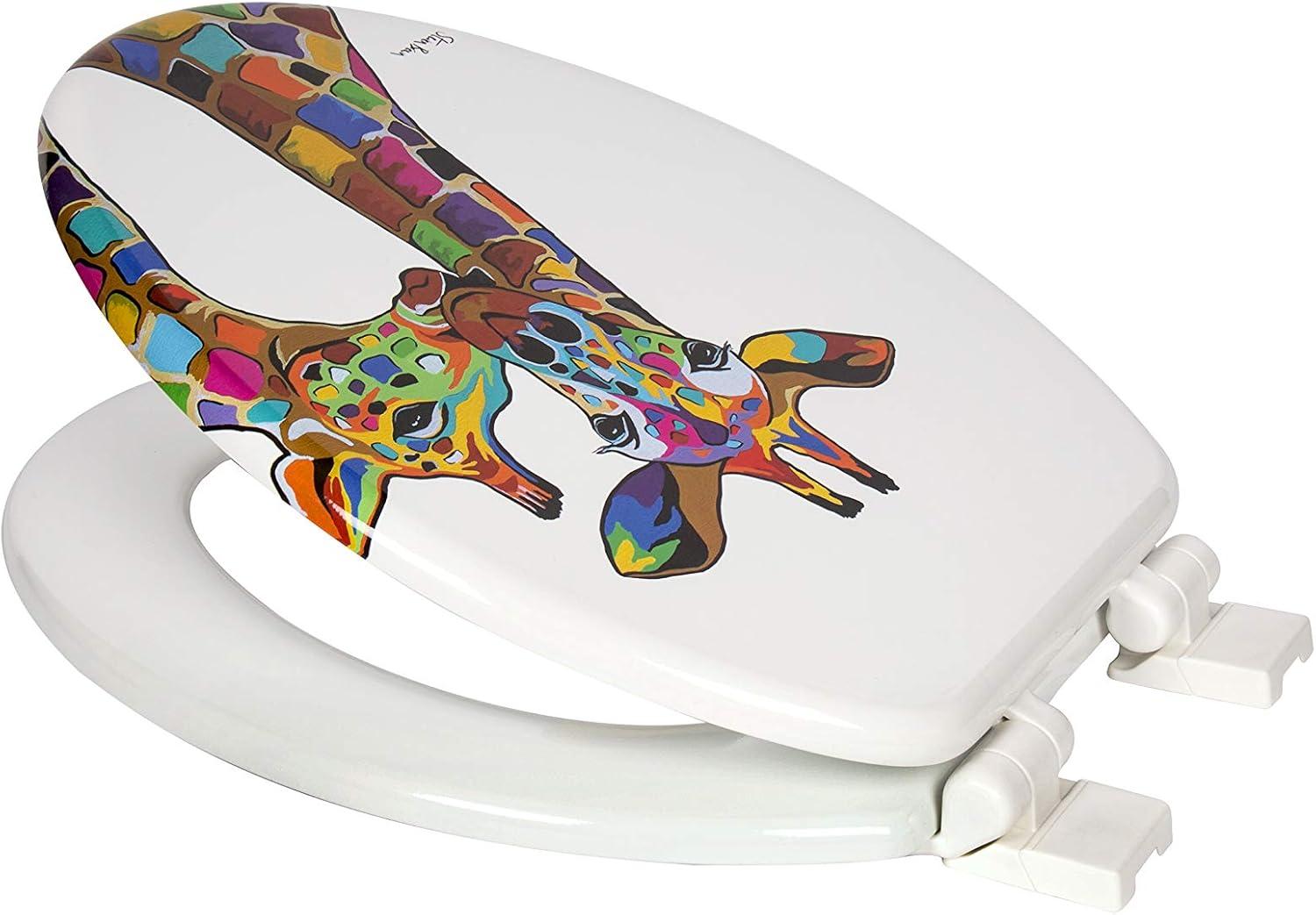 Croydex Steven Brown Artwork 19in Round Wood Toilet Seat, Colorful Giraffes Design