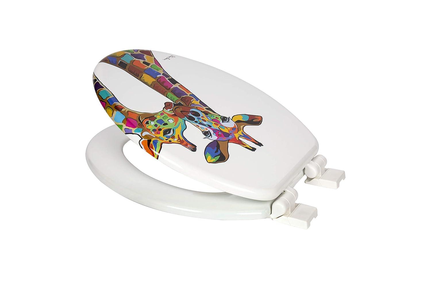 Croydex Steven Brown Artwork 19in Round Wood Toilet Seat, Colorful Giraffes Design