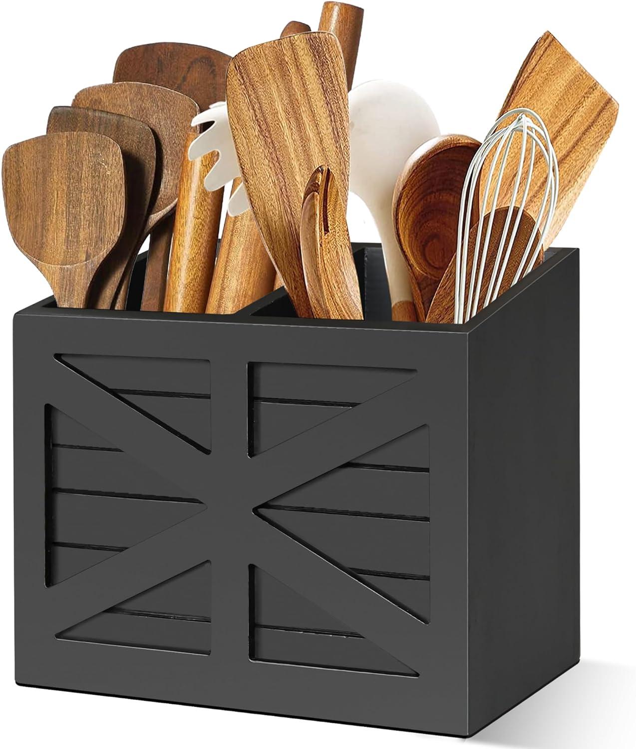 Wood Utensil Holder, Large Kitchen Utensil Holder For Countertop, Cooking Utensil Organizer For Flatware, Black Utensil Caddy With 2 Compartments